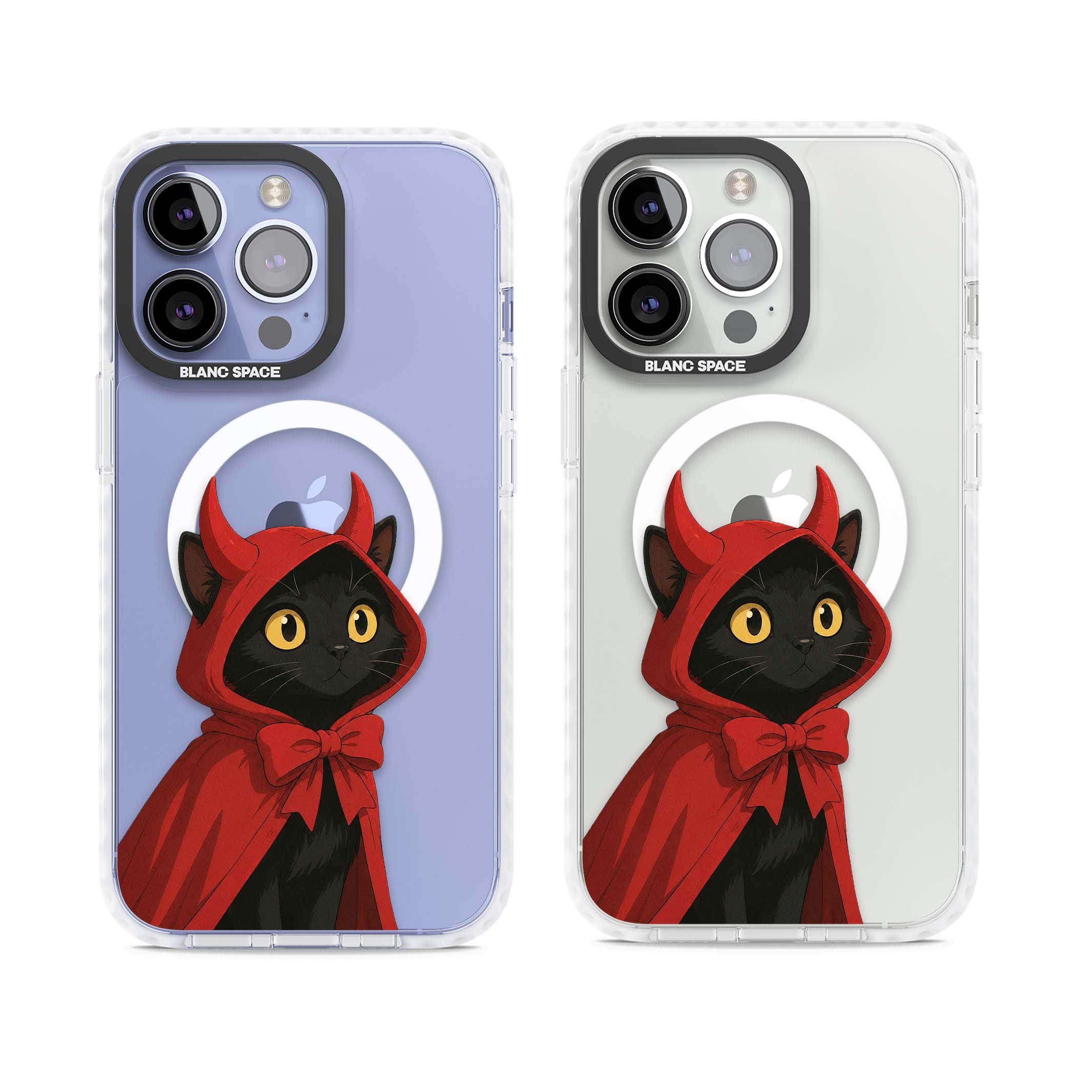 Little Devil halloween iPhone case featuring a black cat in a red hooded devil cloak with horns and golden eyes | Impact Magsafe case for iPhone 13 Pro, iPhone 14 Pro, iPhone 15 Pro