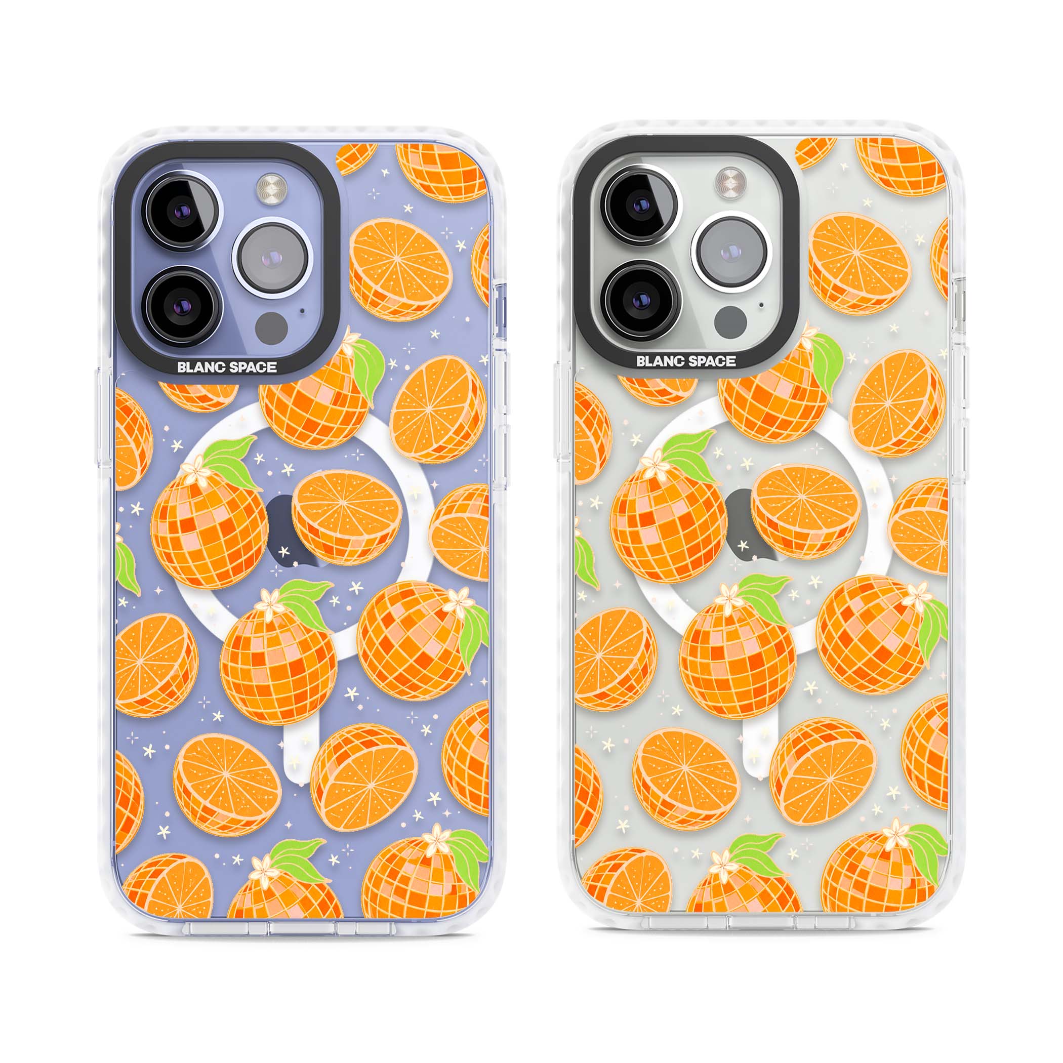 Disco Oranges retro iPhone case featuring mirrorball oranges, citrus slices and tiny blossoms on clear | Impact Magsafe case for iPhone 13 Pro, iPhone 14 Pro, iPhone 15 Pro