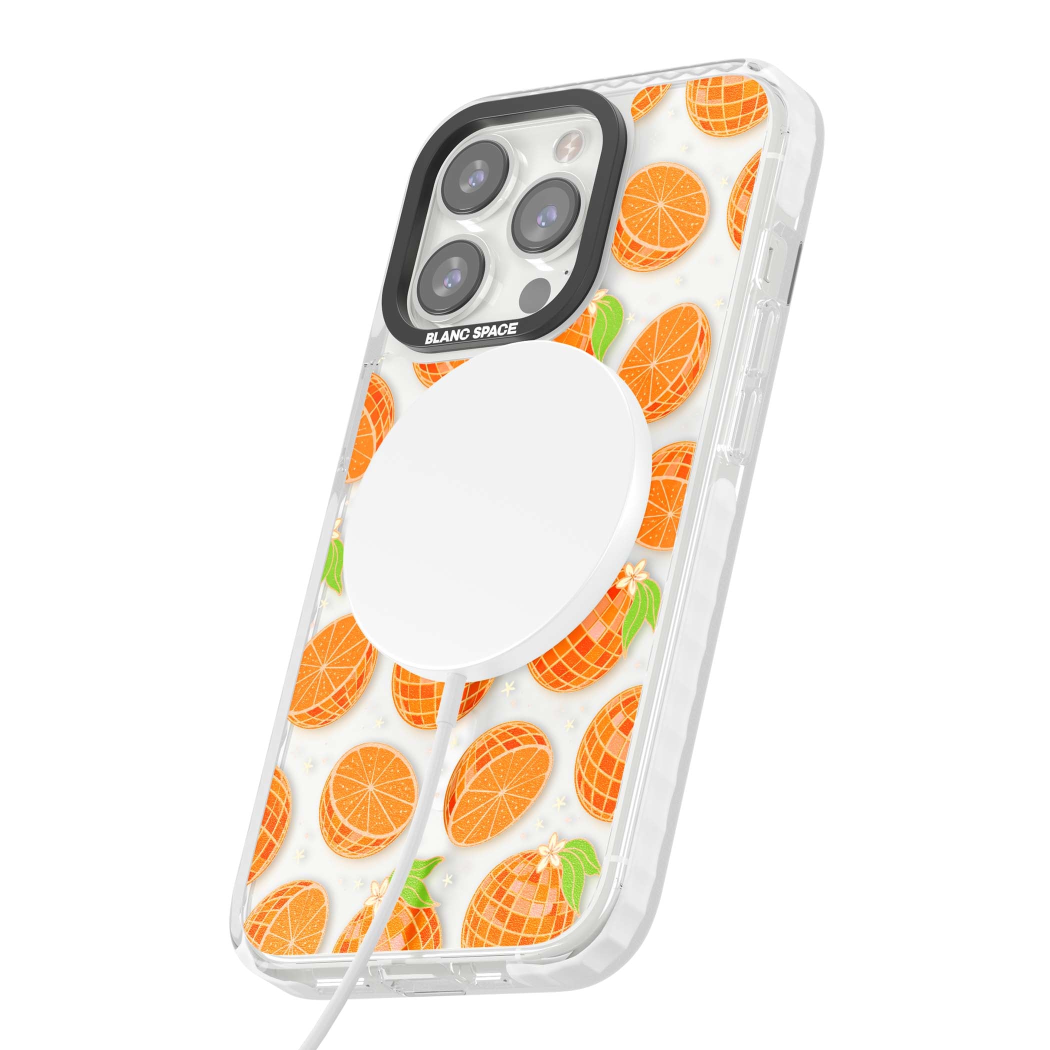 Disco Oranges retro iPhone case featuring mirrorball oranges, citrus slices and tiny blossoms on clear | Impact Magsafe case for iPhone 13 Pro, iPhone 14 Pro, iPhone 15 Pro