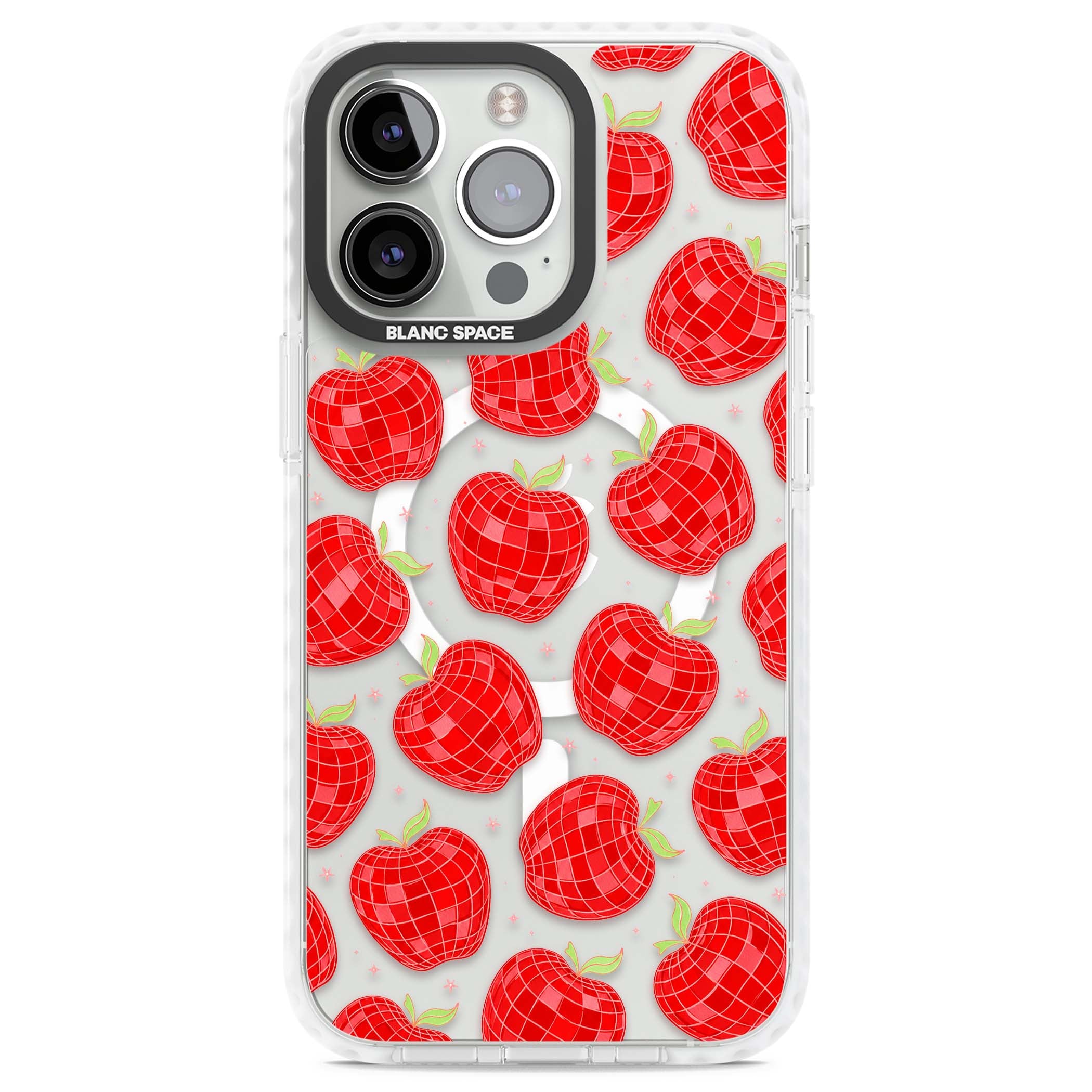 Disco Apples Y2K iPhone case featuring red disco ball apples, green leaves and pink sparkles on clear | Impact Magsafe case for iPhone 13 Pro, iPhone 14 Pro, iPhone 15 Pro