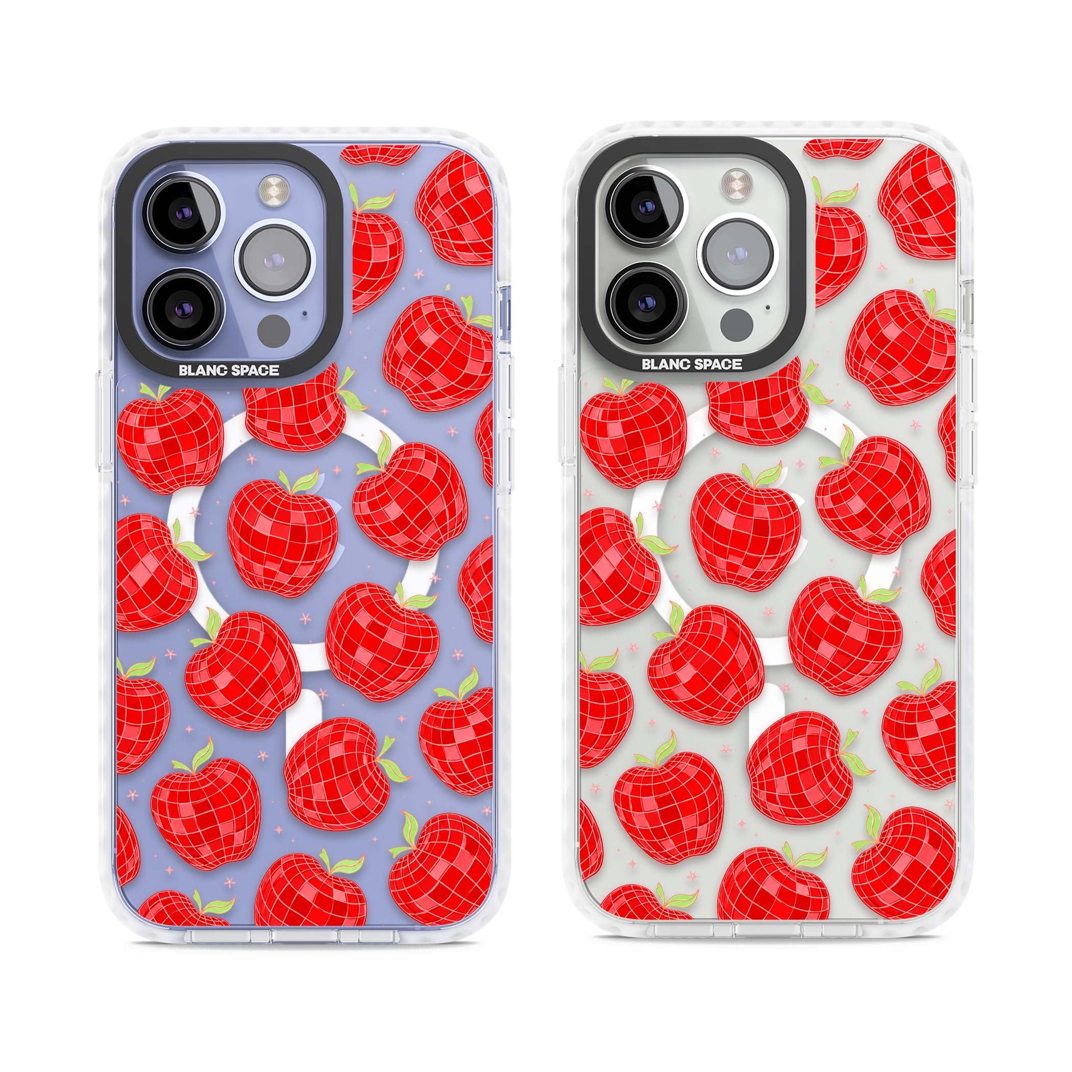 Disco Apples Y2K iPhone case featuring red disco ball apples, green leaves and pink sparkles on clear | Impact Magsafe case for iPhone 13 Pro, iPhone 14 Pro, iPhone 15 Pro