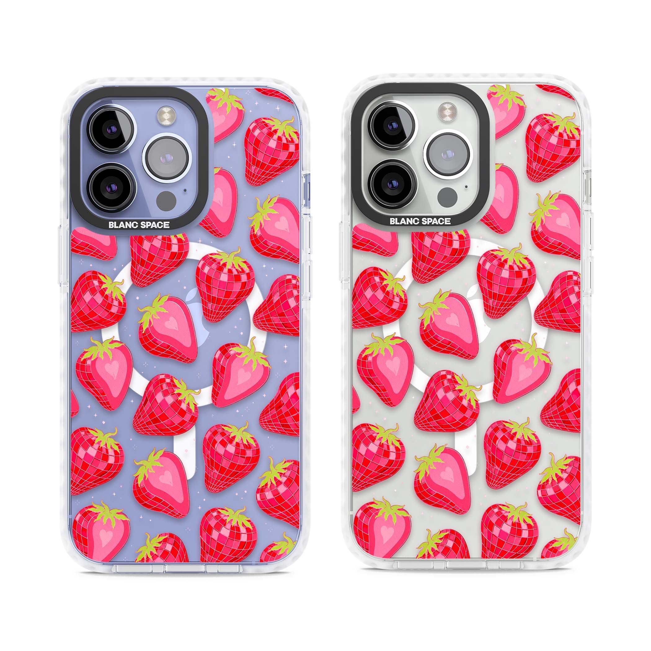 Disco Strawberry Y2K iPhone case featuring pink disco-ball strawberries, green leaves and tiny sparkles | Impact Magsafe case for iPhone 13 Pro, iPhone 14 Pro, iPhone 15 Pro