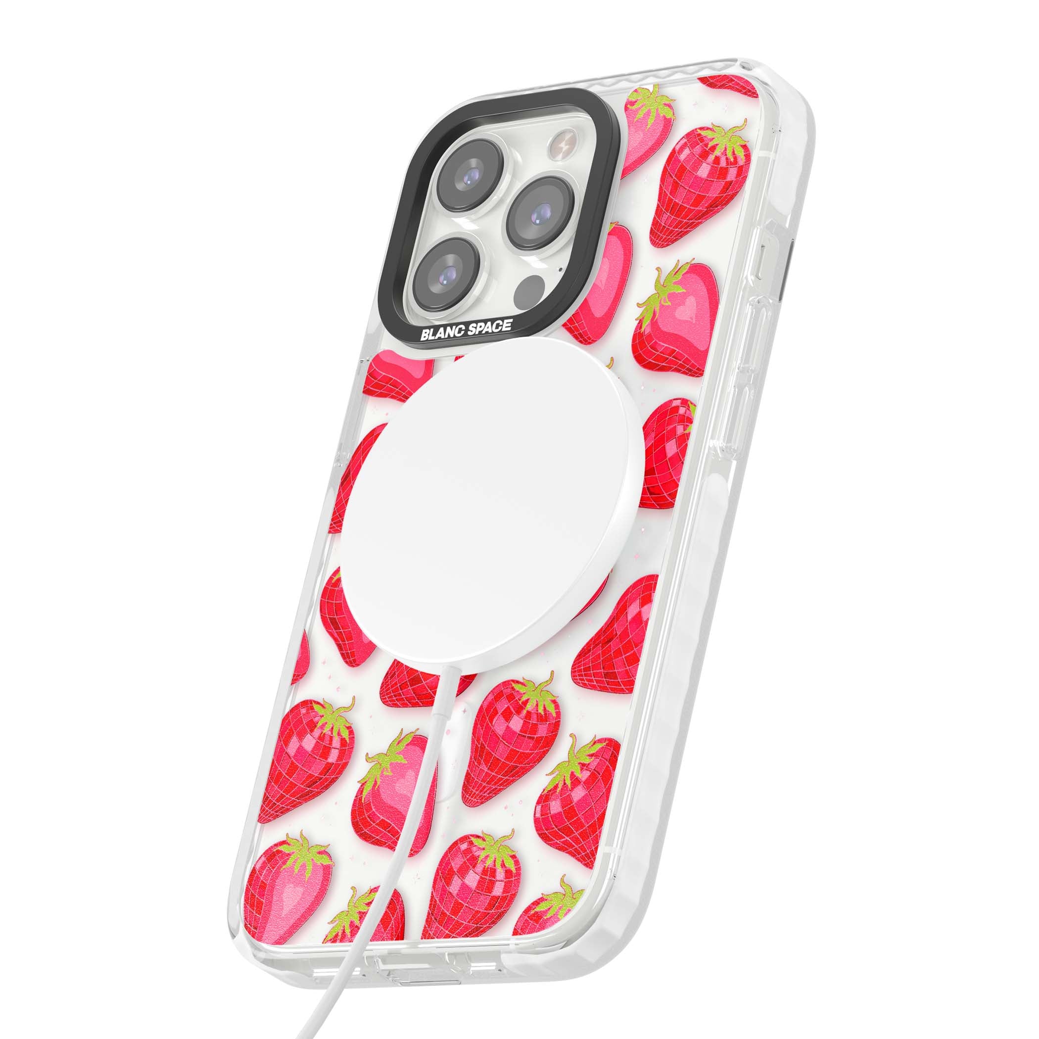 Disco Strawberry Y2K iPhone case featuring pink disco-ball strawberries, green leaves and tiny sparkles | Impact Magsafe case for iPhone 13 Pro, iPhone 14 Pro, iPhone 15 Pro