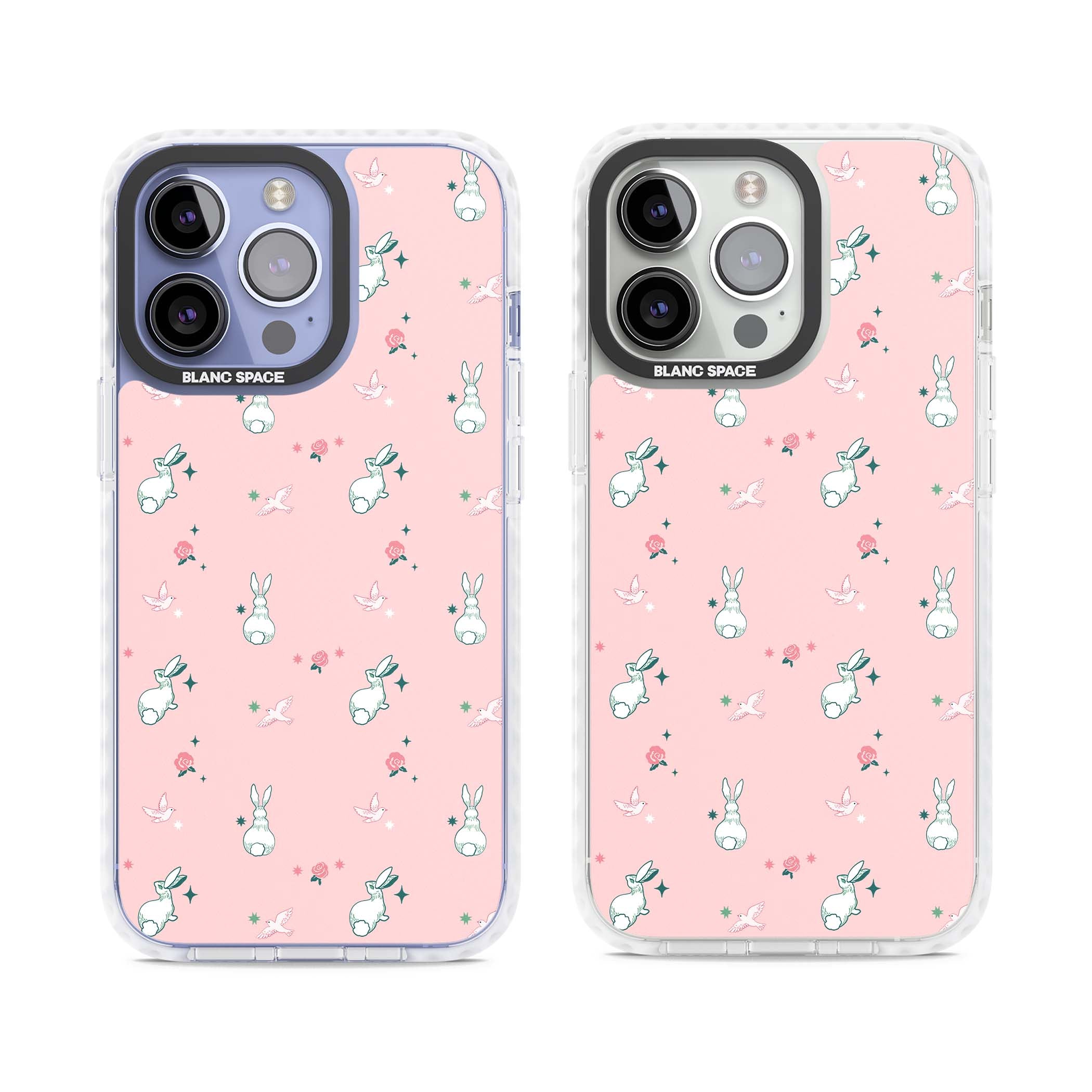 Bunny Garden kawaii iPhone case featuring white rabbits, pink roses, doves and stars on pink background | Impact Magsafe case for iPhone 13 Pro, iPhone 14 Pro, iPhone 15 Pro