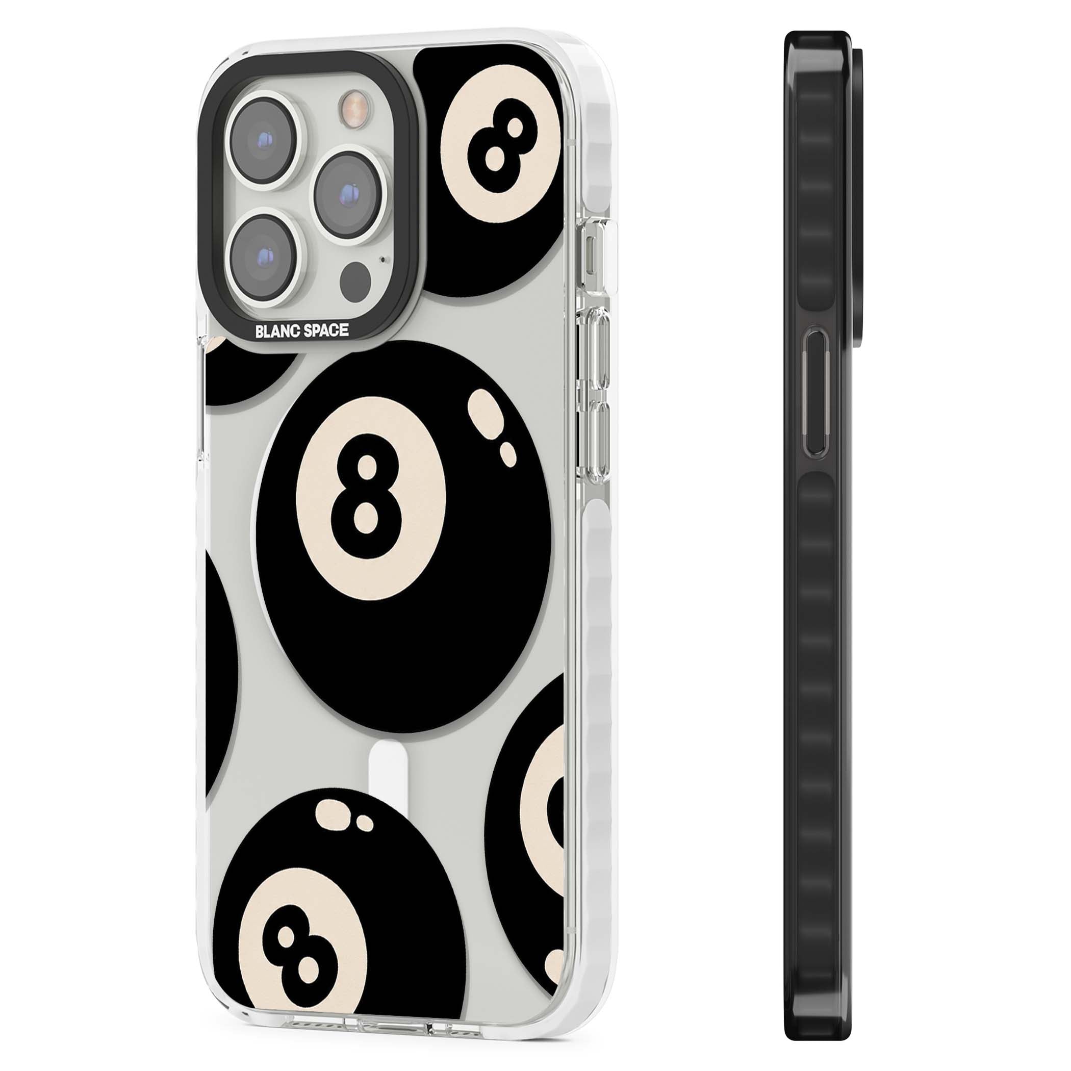 Eights y2k iPhone case featuring scattered black 8 balls with cream highlights on a clear background | Impact Magsafe case for iPhone 13 Pro, iPhone 14 Pro, iPhone 15 Pro
