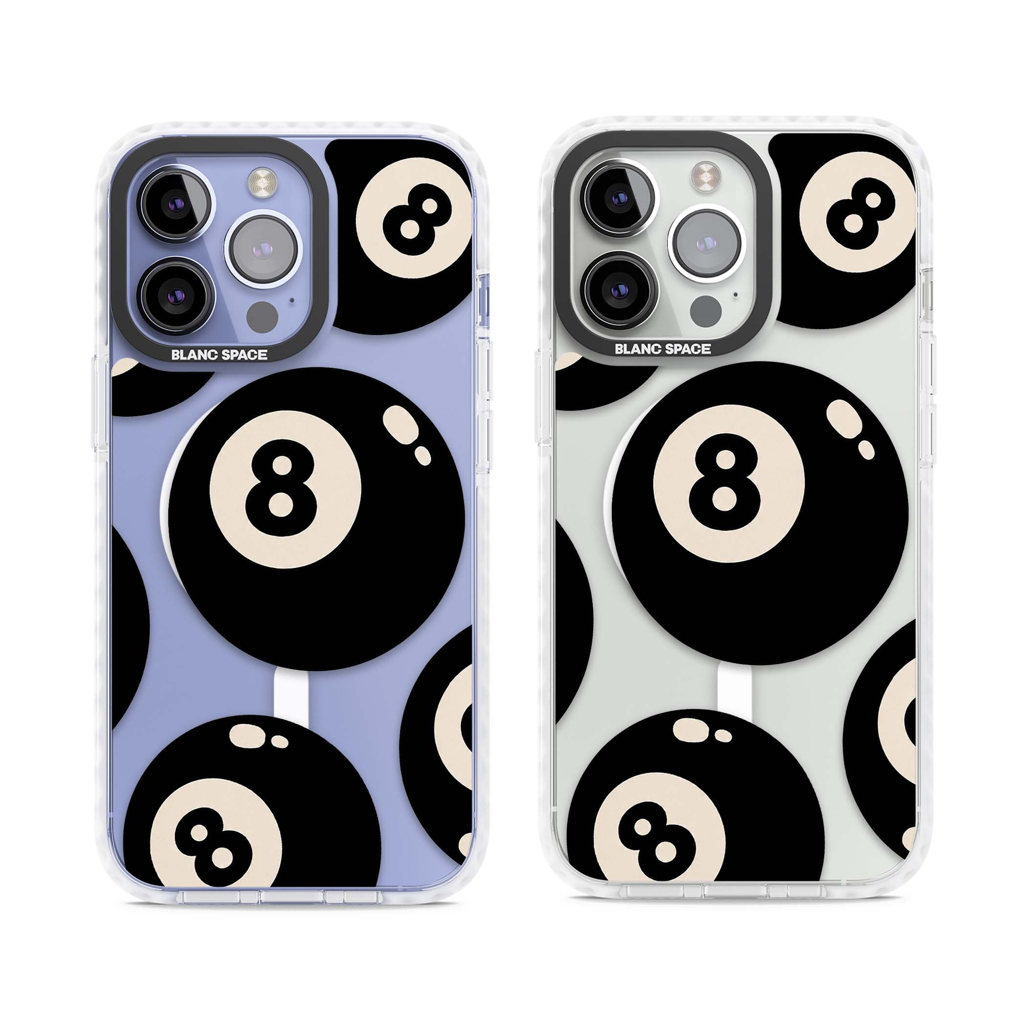 Eights y2k iPhone case featuring scattered black 8 balls with cream highlights on a clear background | Impact Magsafe case for iPhone 13 Pro, iPhone 14 Pro, iPhone 15 Pro