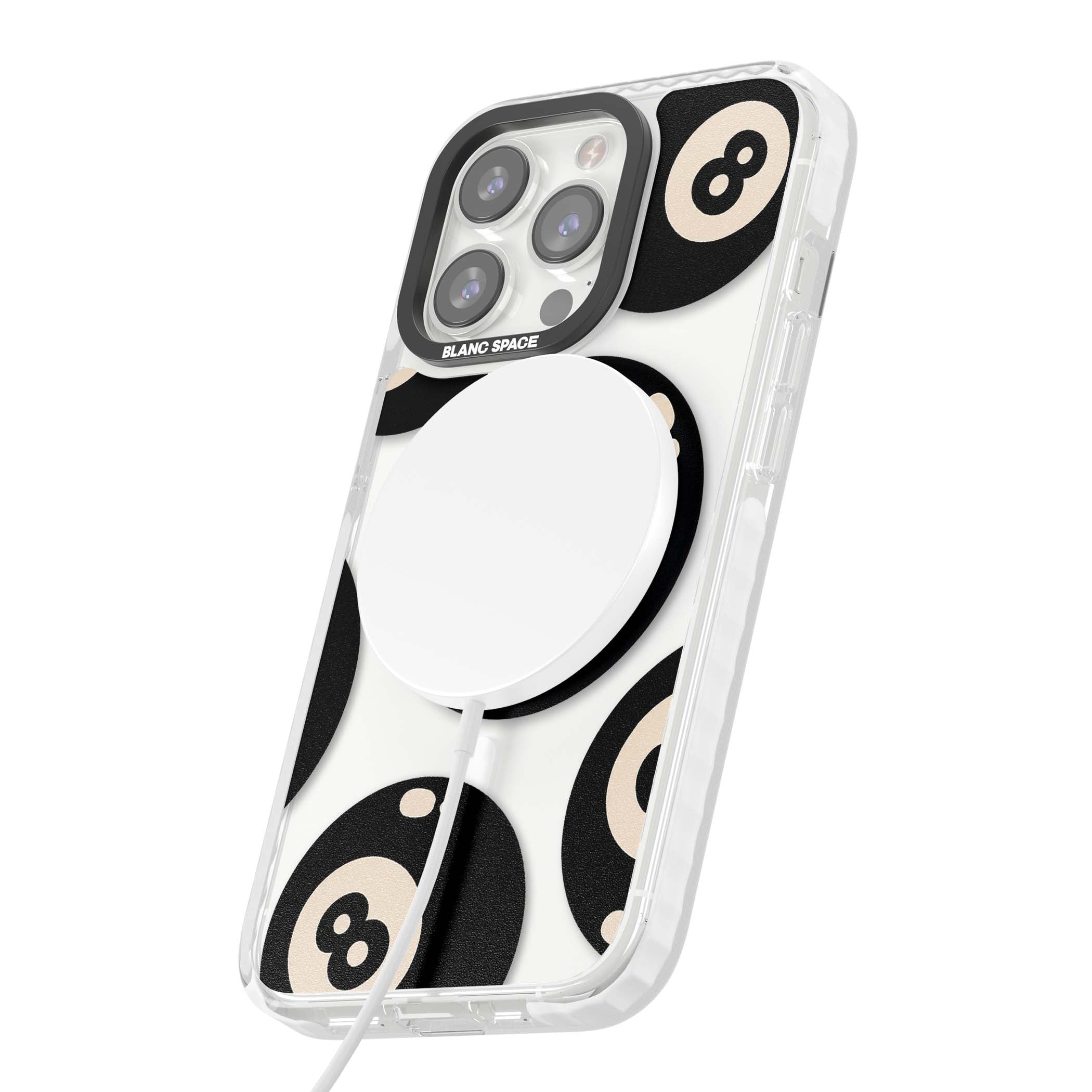 Eights y2k iPhone case featuring scattered black 8 balls with cream highlights on a clear background | Impact Magsafe case for iPhone 13 Pro, iPhone 14 Pro, iPhone 15 Pro