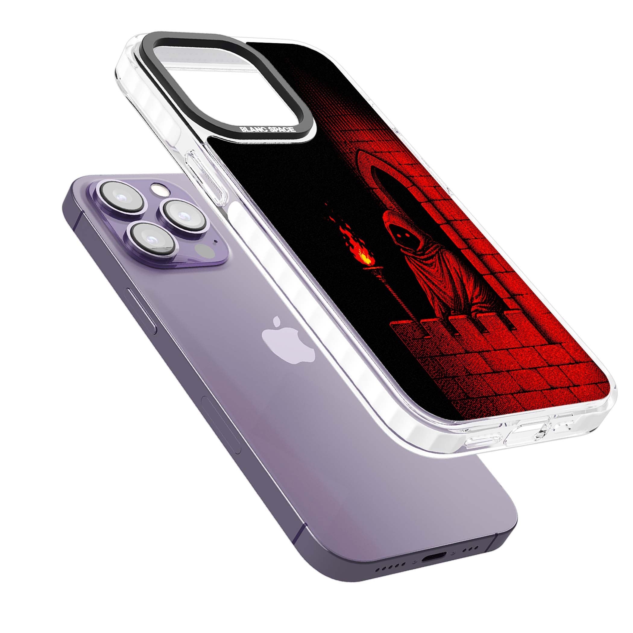 Crimson Crypt gothic iPhone case featuring a hooded reaper, torchlit crypt archway and red halftone horror art | Impact Magsafe case for iPhone 13 Pro, iPhone 14 Pro, iPhone 15 Pro