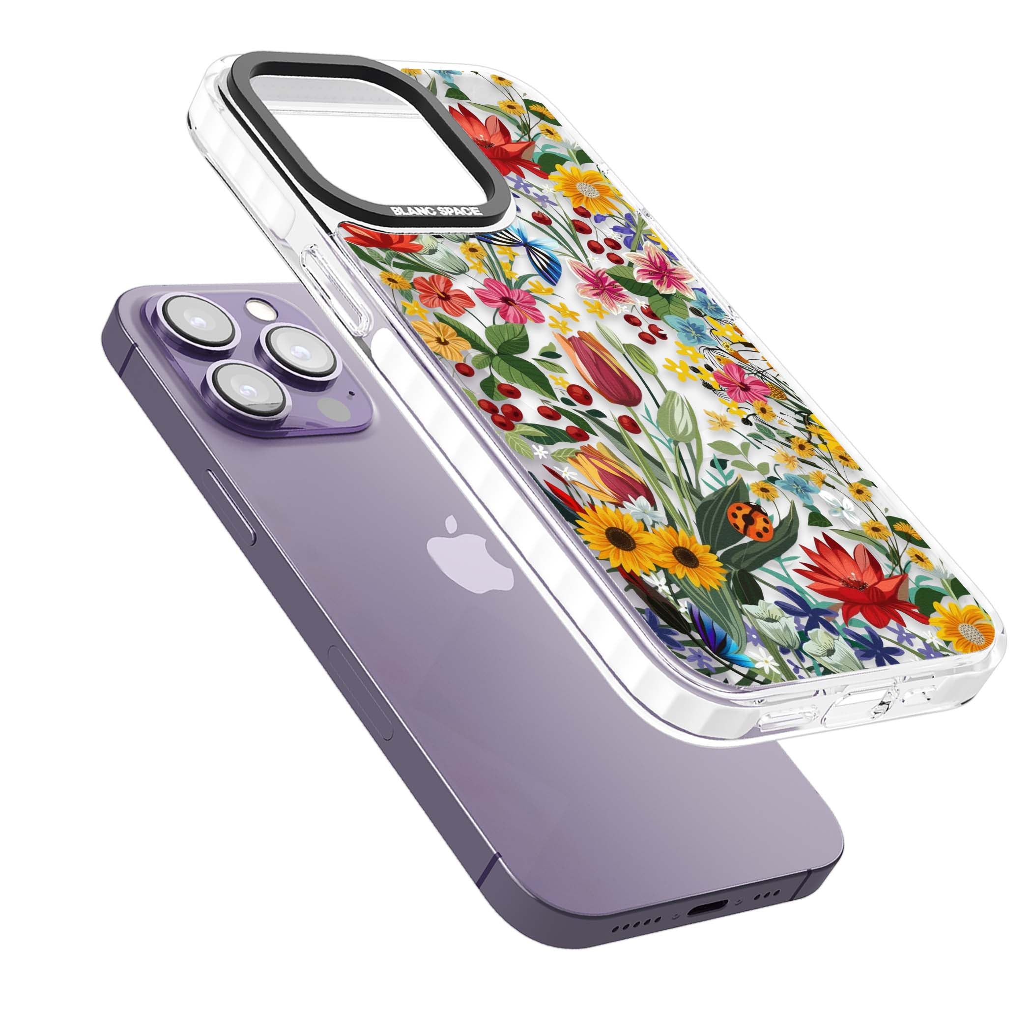 Botanical Bloom cottagecore iPhone case featuring colorful wildflowers, sunflowers, and ladybugs on clear background | Impact Magsafe case for iPhone 13 Pro, iPhone 14 Pro, iPhone 15 Pro