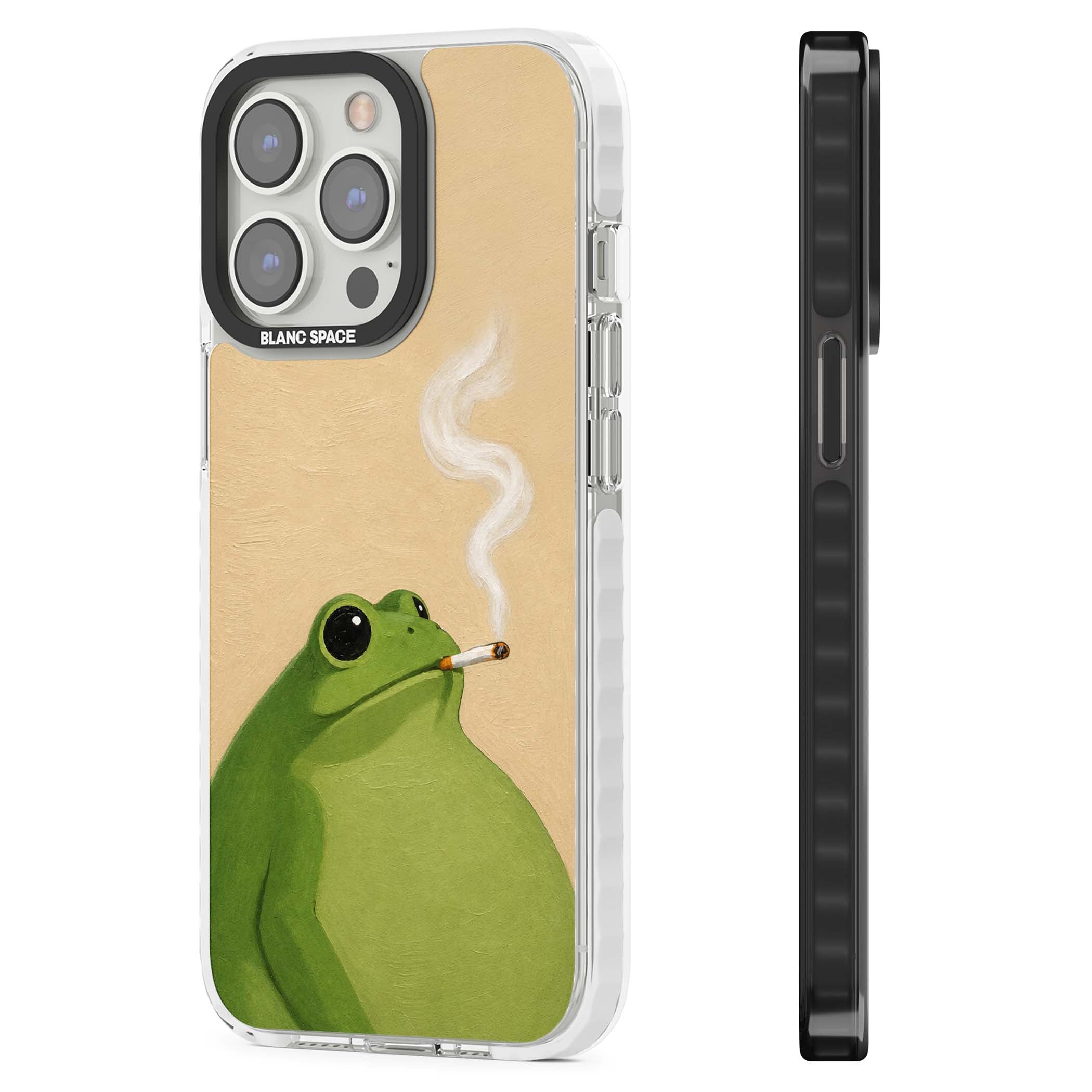 The Smoking Frog cottagecore iPhone case featuring a hand-painted green frog smoking a cigarette on a cream oil painting back | Impact Magsafe case for iPhone 13 Pro, iPhone 14 Pro, iPhone 15 Pro