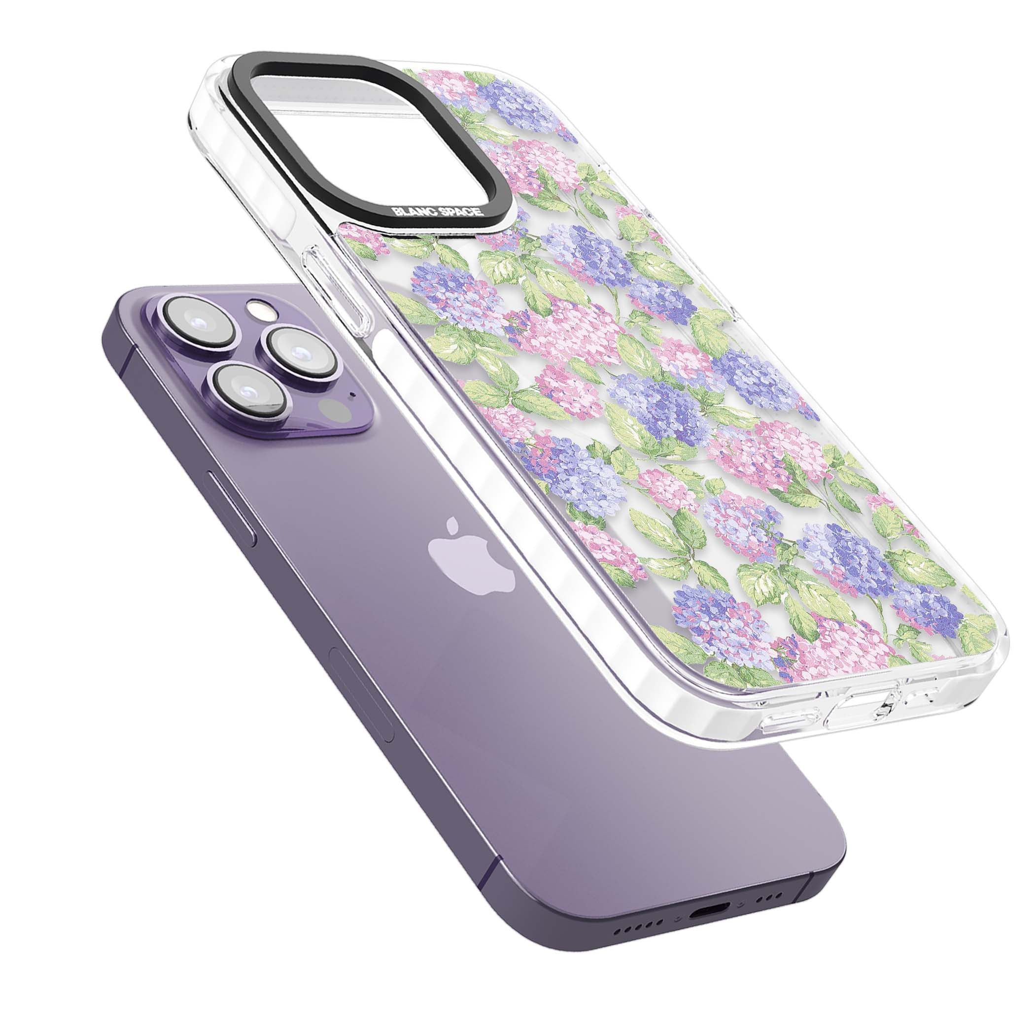 Cottage Hydrangea cottagecore iPhone case featuring pink and purple hydrangea blooms with green leaves on a clear background | Impact Magsafe case for iPhone 13 Pro, iPhone 14 Pro, iPhone 15 Pro