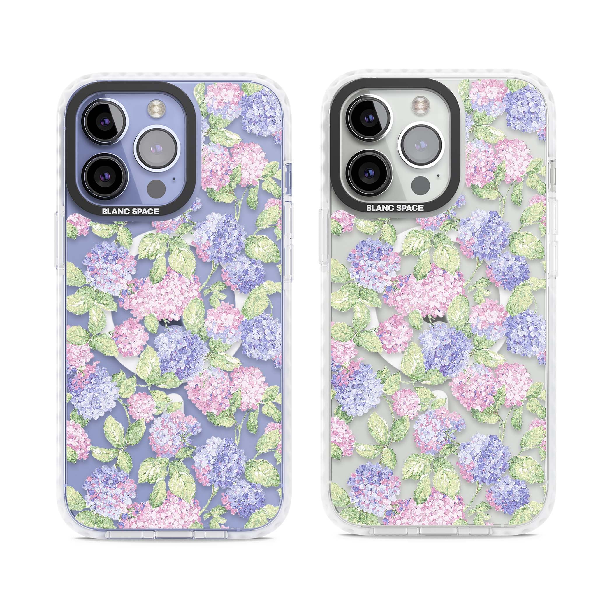 Cottage Hydrangea cottagecore iPhone case featuring pink and purple hydrangea blooms with green leaves on a clear background | Impact Magsafe case for iPhone 13 Pro, iPhone 14 Pro, iPhone 15 Pro