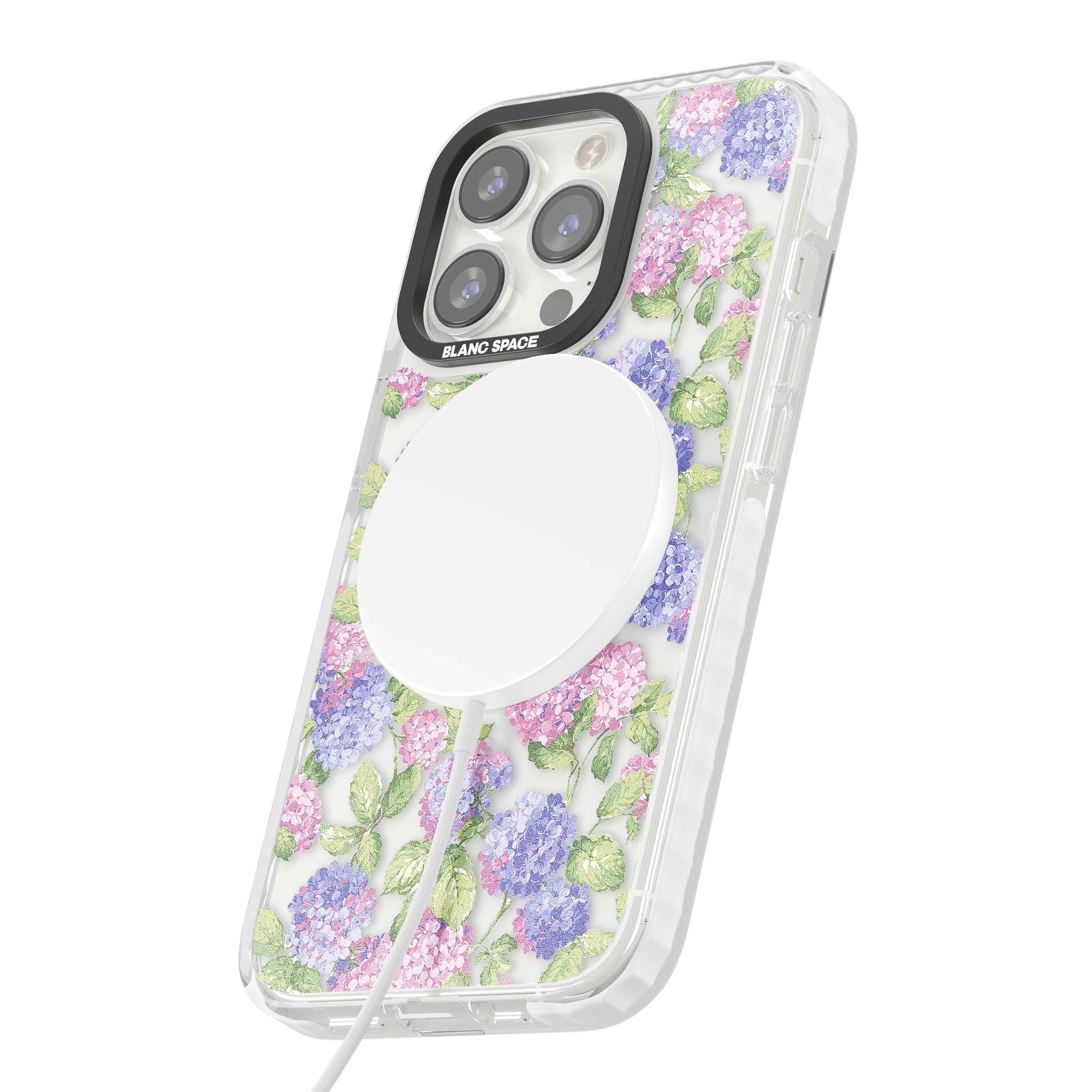 Cottage Hydrangea cottagecore iPhone case featuring pink and purple hydrangea blooms with green leaves on a clear background | Impact Magsafe case for iPhone 13 Pro, iPhone 14 Pro, iPhone 15 Pro