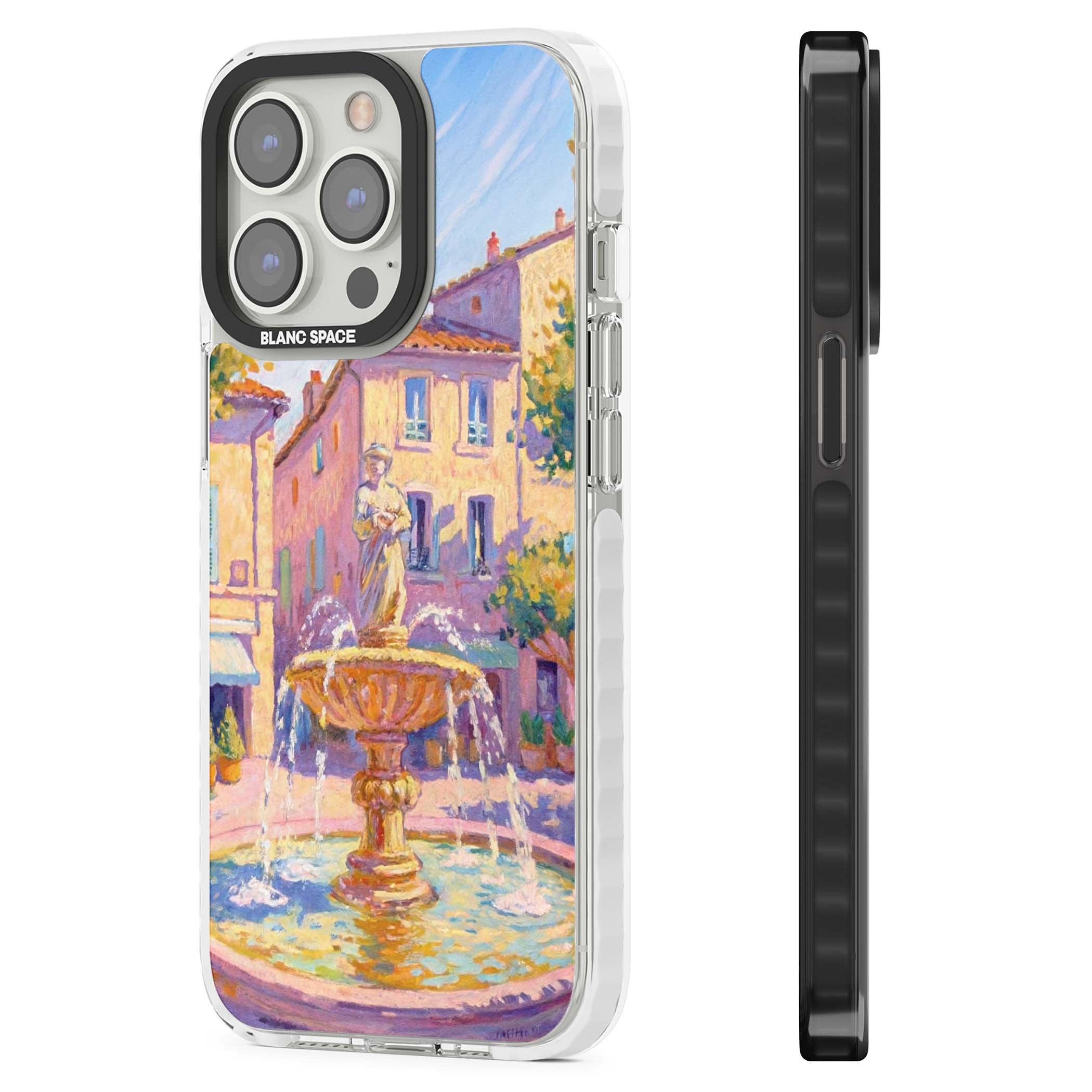 Fountain Square fine art iPhone case featuring an impressionist Provençal fountain, pastel village buildings and summe | Impact Magsafe case for iPhone 13 Pro, iPhone 14 Pro, iPhone 15 Pro