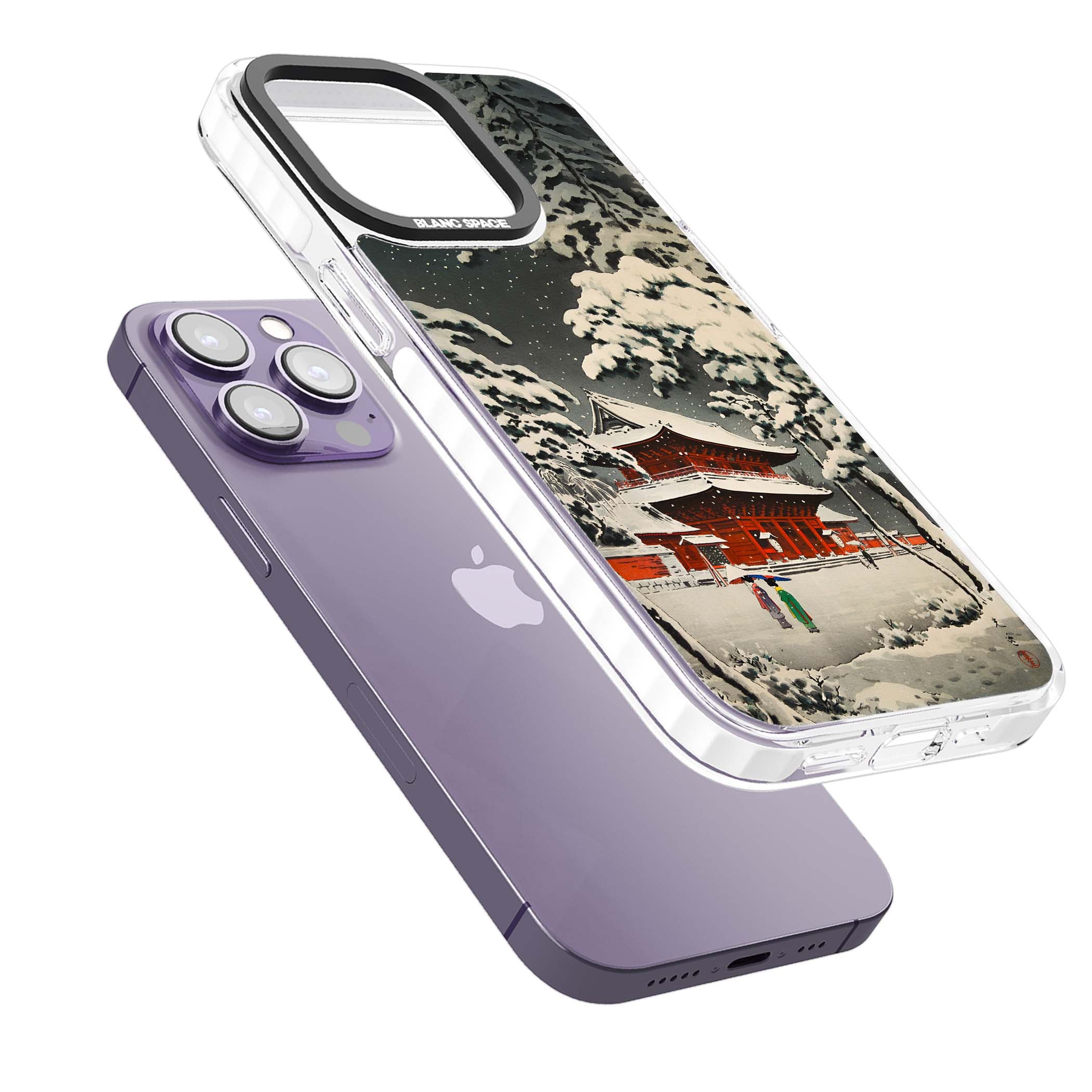 Snow at Shiha Park, Tokyo Japanese art iPhone case featuring a vintage ukiyo-e snowy temple, red pagoda, and snow-covered pin | Impact Magsafe case for iPhone 13 Pro, iPhone 14 Pro, iPhone 15 Pro