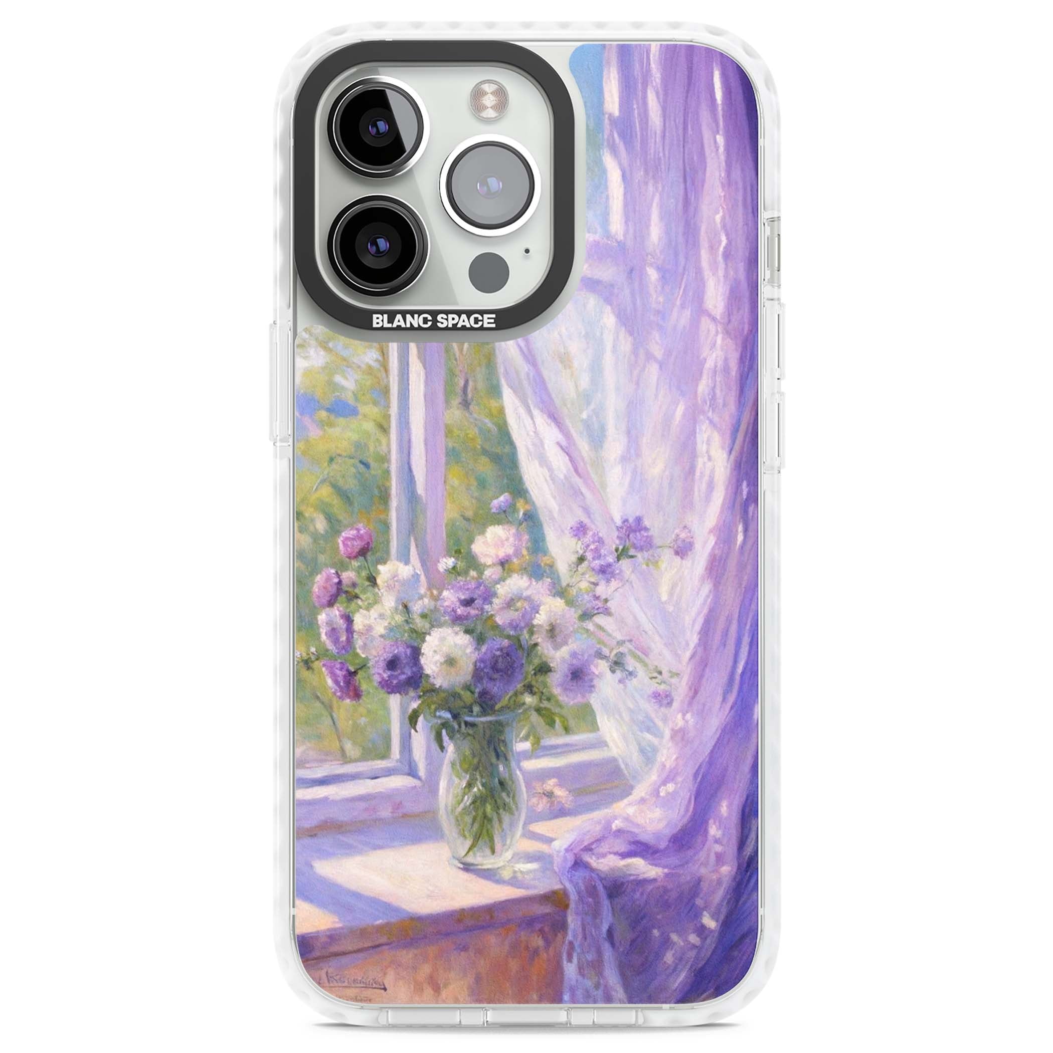 A Provence Morning impressionist art iPhone case featuring a vase of purple flowers, sunlit window and sheer curt | Impact Magsafe case for iPhone 13 Pro, iPhone 14 Pro, iPhone 15 Pro