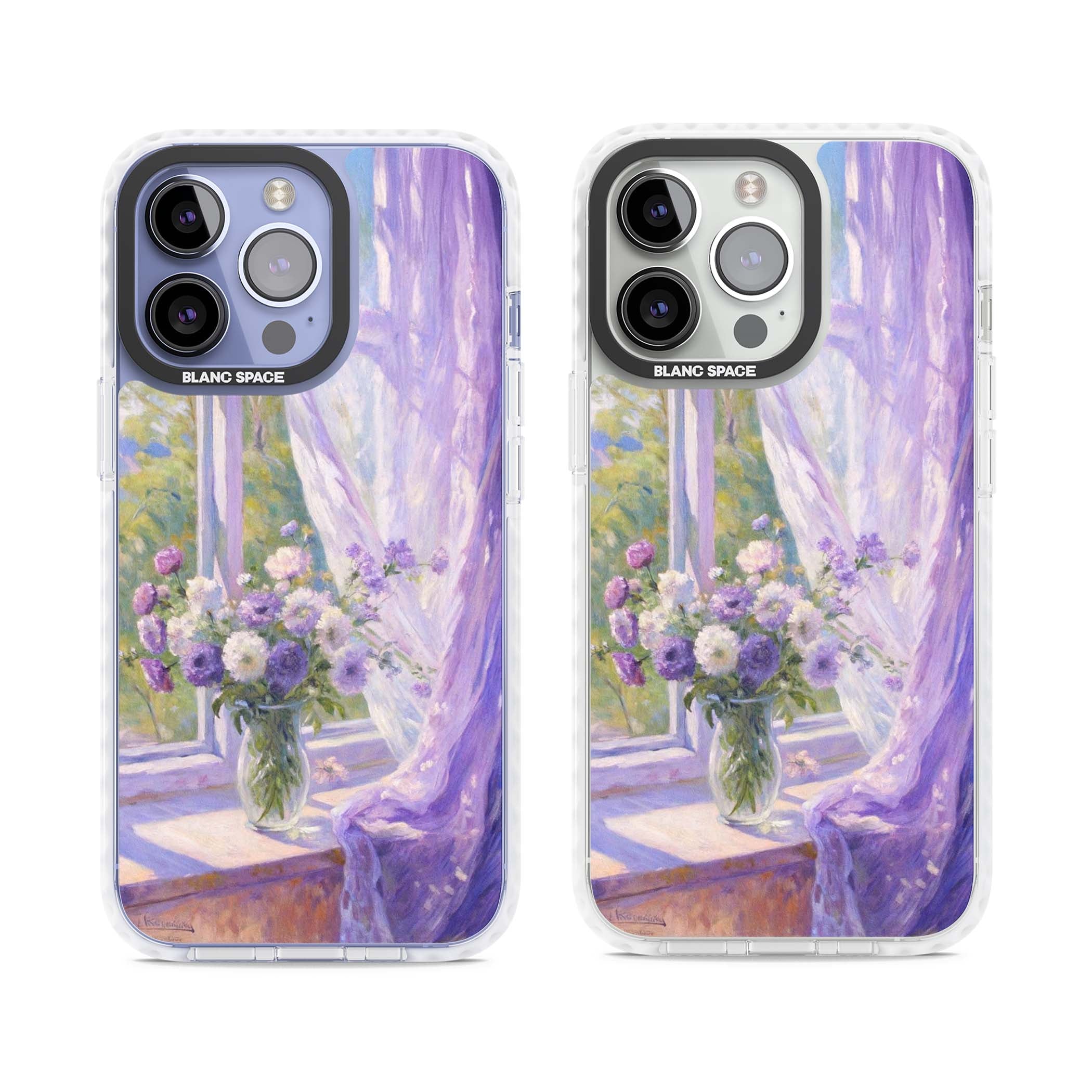 A Provence Morning impressionist art iPhone case featuring a vase of purple flowers, sunlit window and sheer curt | Impact Magsafe case for iPhone 13 Pro, iPhone 14 Pro, iPhone 15 Pro