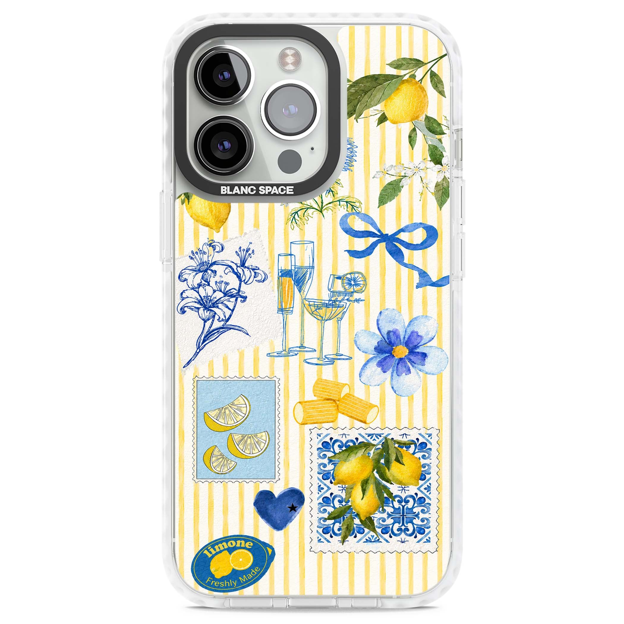 Limone Riviera Italian summer iPhone case featuring watercolour lemons, blue ribbon bows and majolica tile stamps on... | Impact Magsafe case for iPhone 13 Pro, iPhone 14 Pro, iPhone 15 Pro