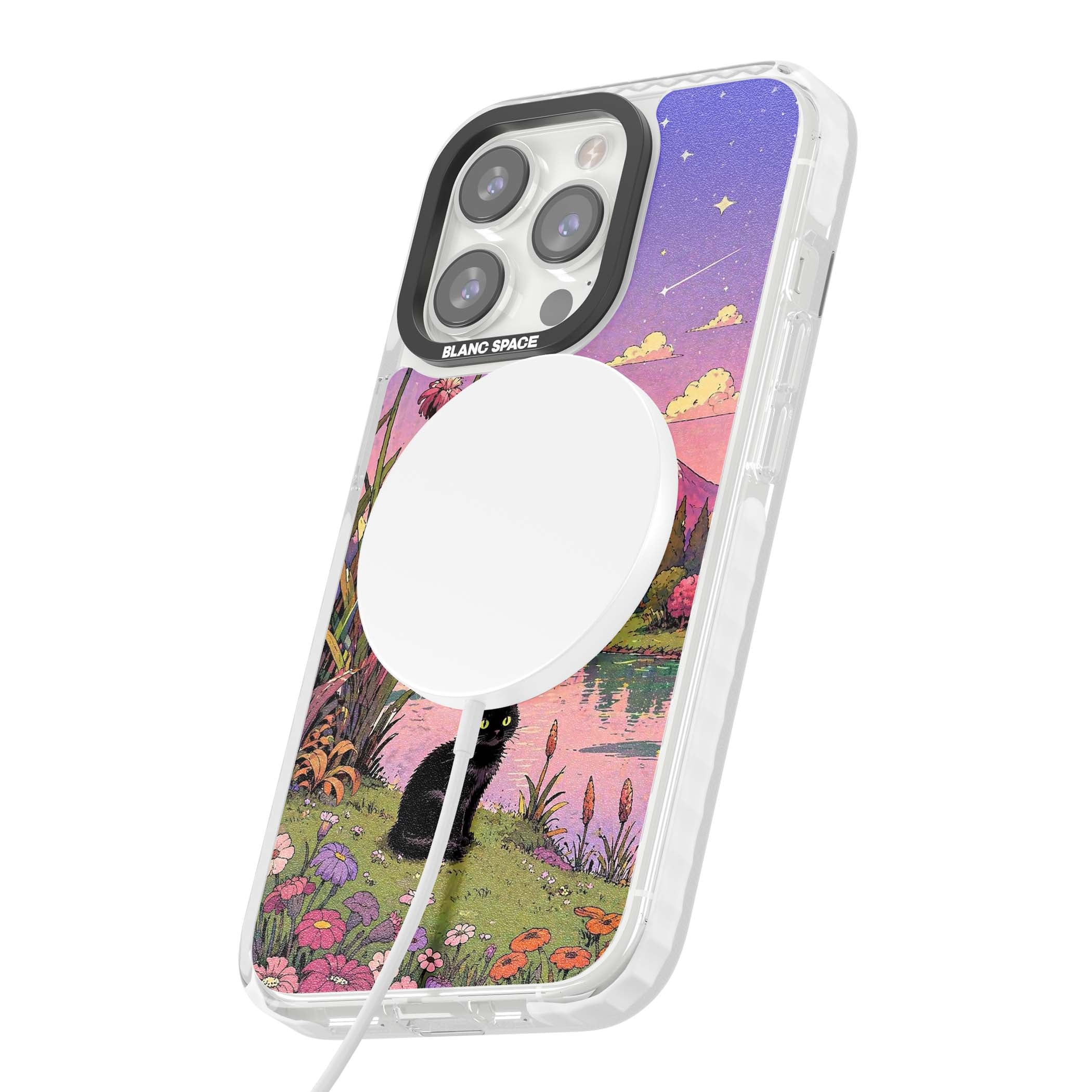 Mystic Whiskers ghibli iPhone case featuring a black cat by a pastel lake, wildflowers and a starry sunset sky | Impact Magsafe case for iPhone 13 Pro, iPhone 14 Pro, iPhone 15 Pro