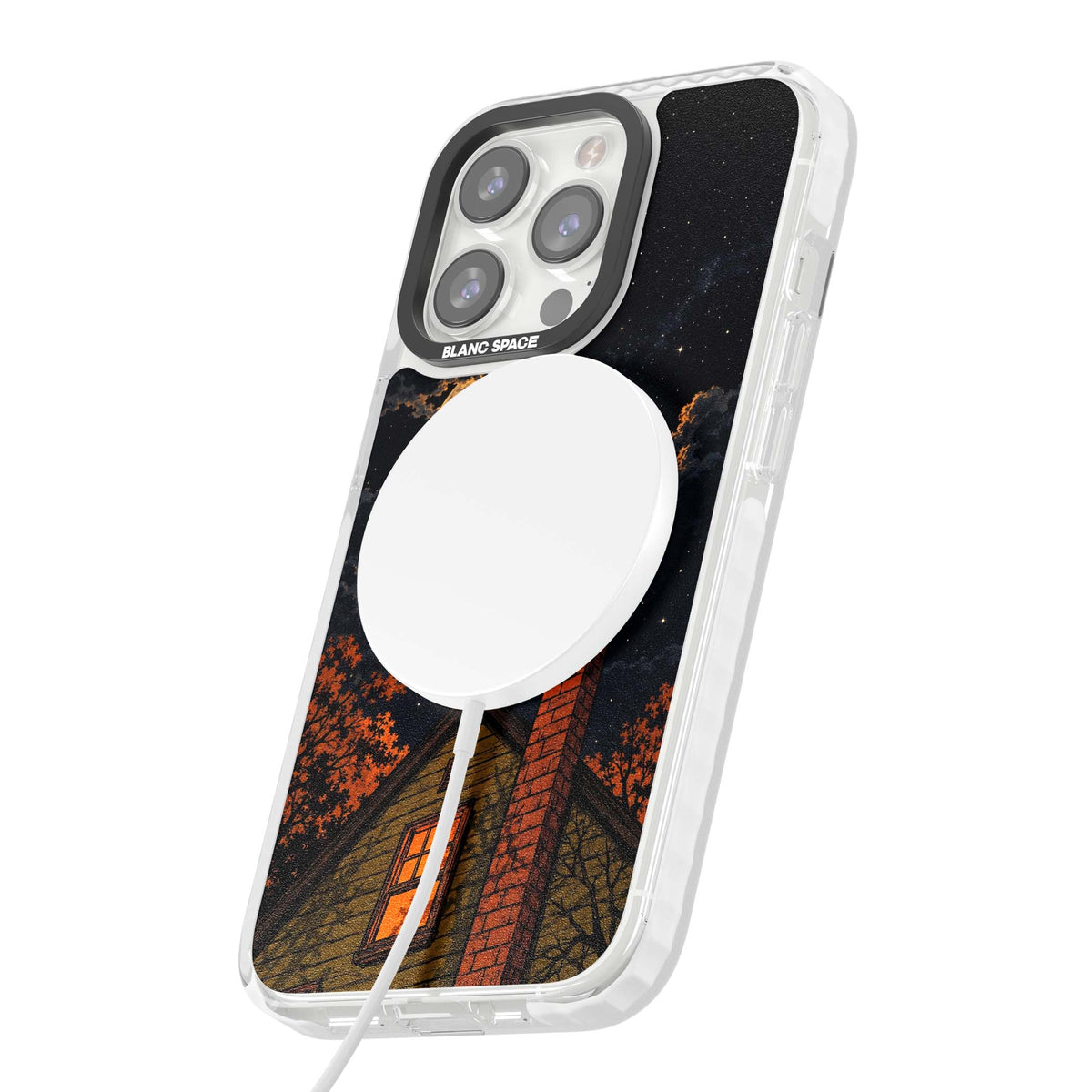 Hollows Eve Halloween iPhone case featuring a haunted house, full moon and flying bats against a starry autumn sky | Impact Magsafe case for iPhone 13 Pro, iPhone 14 Pro, iPhone 15 Pro