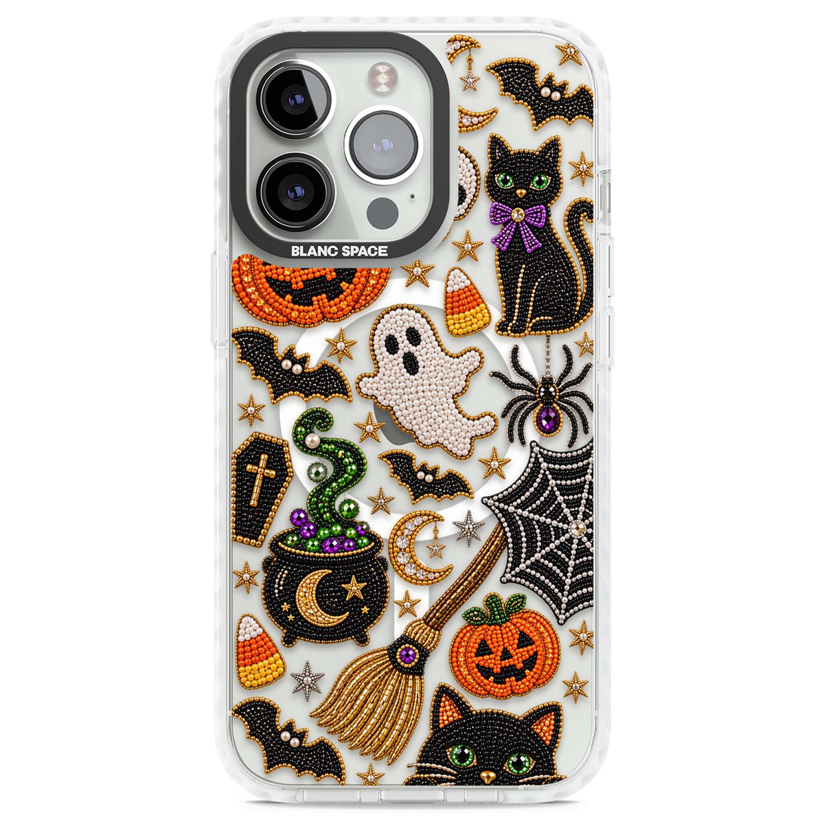 Beaded Halloween Halloween iPhone case featuring beaded pumpkins, ghosts, black cats and bats | Impact Magsafe case for iPhone 13 Pro, iPhone 14 Pro, iPhone 15 Pro
