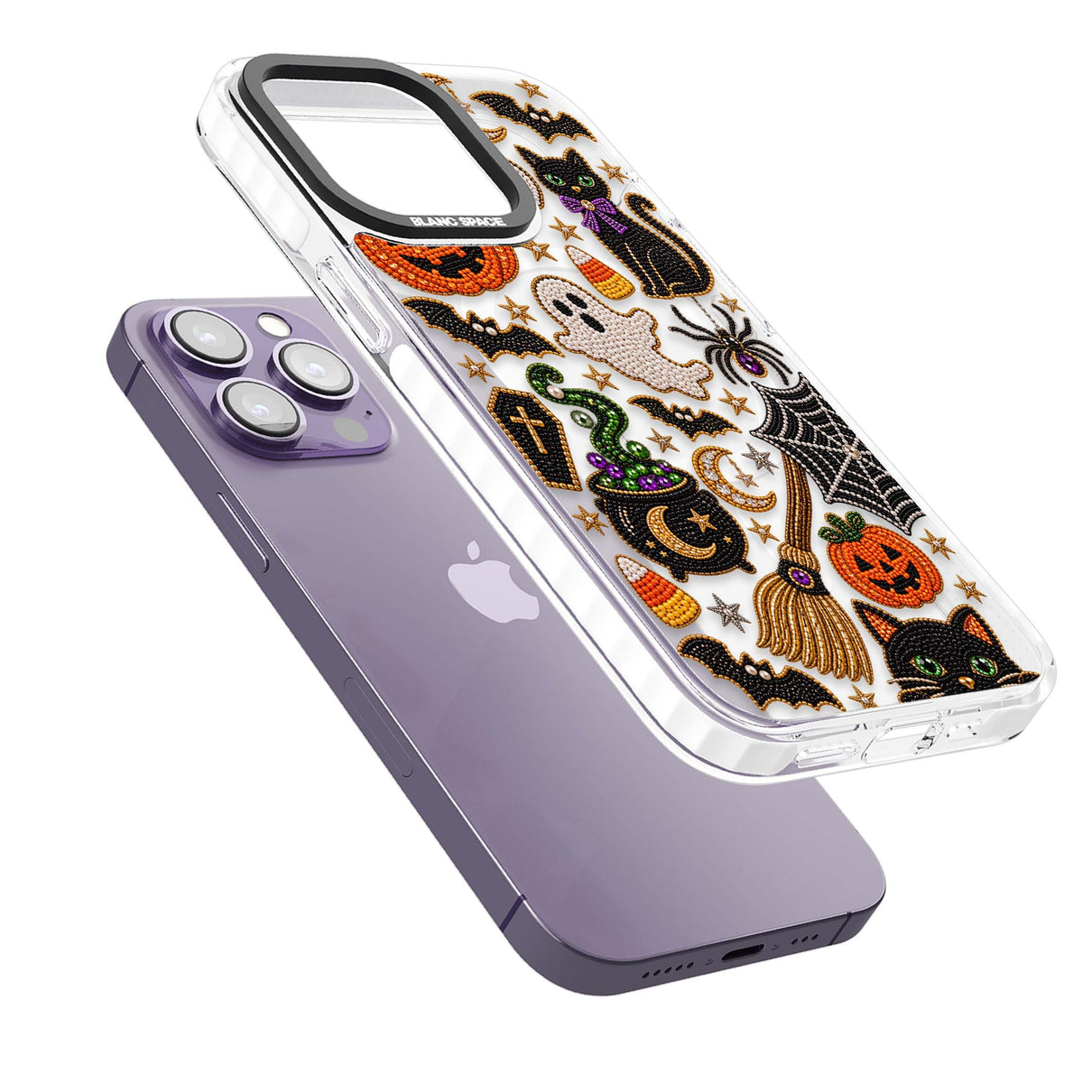 Beaded Halloween Halloween iPhone case featuring beaded pumpkins, ghosts, black cats and bats | Impact Magsafe case for iPhone 13 Pro, iPhone 14 Pro, iPhone 15 Pro