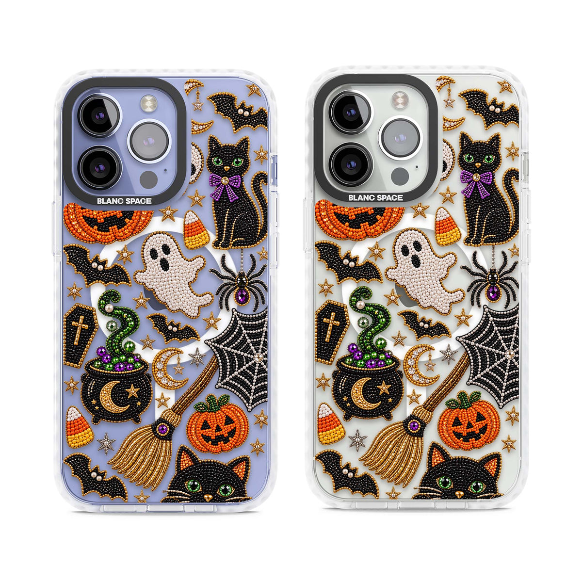 Beaded Halloween Halloween iPhone case featuring beaded pumpkins, ghosts, black cats and bats | Impact Magsafe case for iPhone 13 Pro, iPhone 14 Pro, iPhone 15 Pro