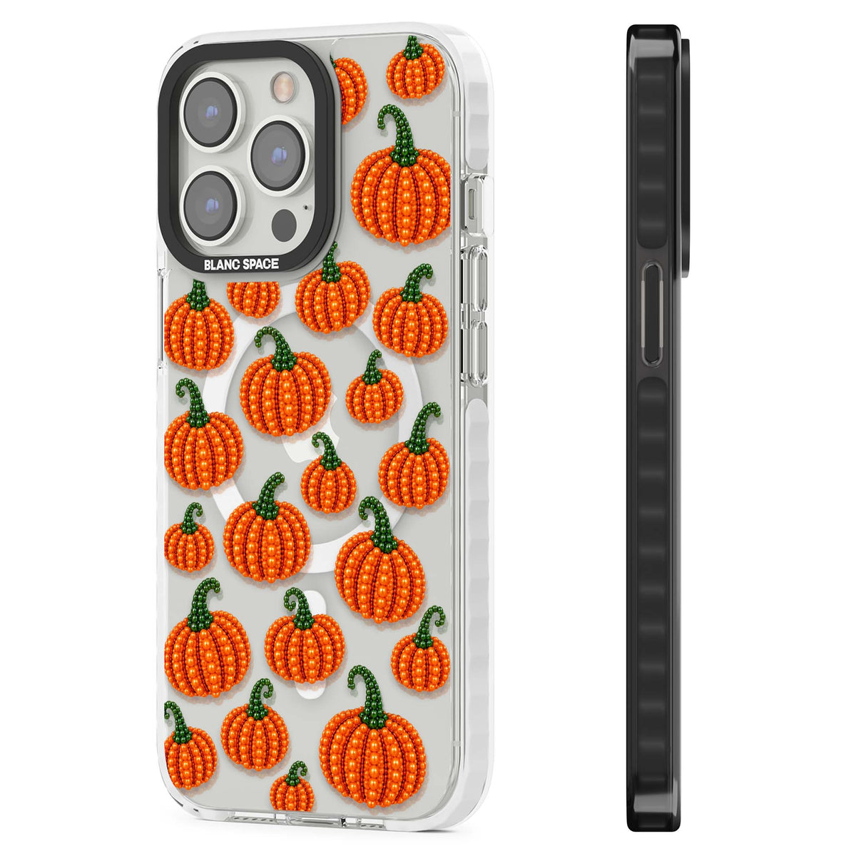 Beaded Pumpkins halloween iPhone case featuring beaded orange pumpkins with green stems on a clear background | Impact Magsafe case for iPhone 13 Pro, iPhone 14 Pro, iPhone 15 Pro