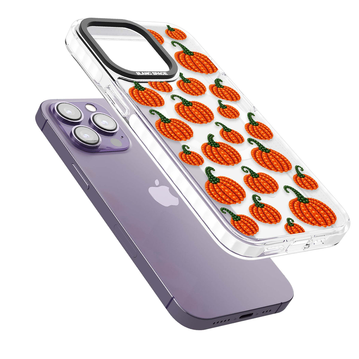 Beaded Pumpkins halloween iPhone case featuring beaded orange pumpkins with green stems on a clear background | Impact Magsafe case for iPhone 13 Pro, iPhone 14 Pro, iPhone 15 Pro