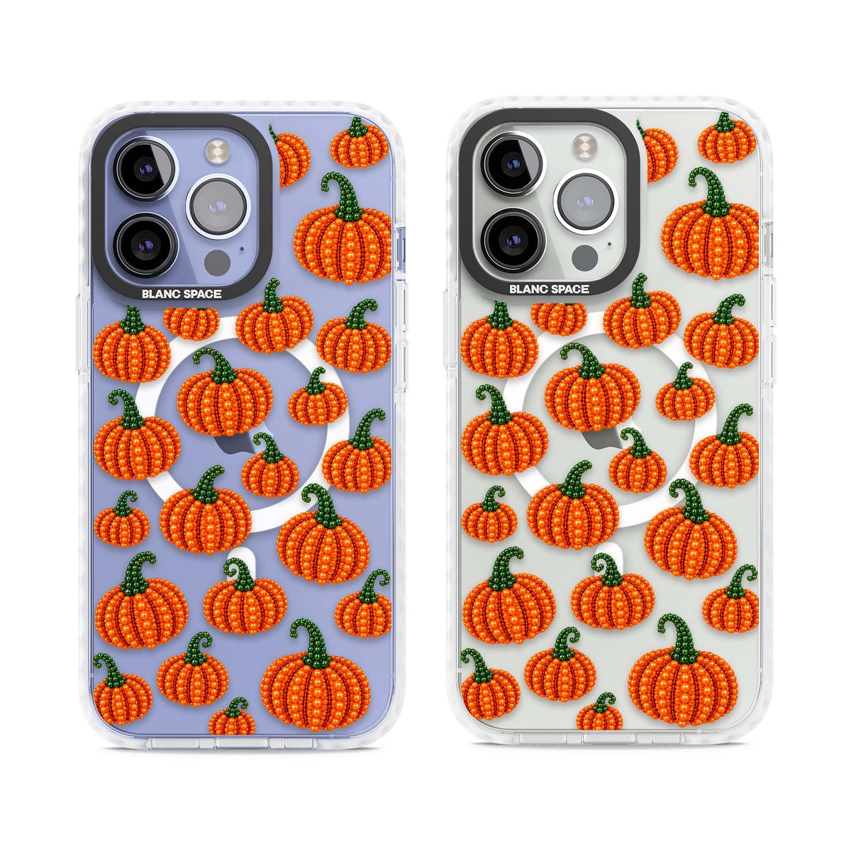 Beaded Pumpkins halloween iPhone case featuring beaded orange pumpkins with green stems on a clear background | Impact Magsafe case for iPhone 13 Pro, iPhone 14 Pro, iPhone 15 Pro