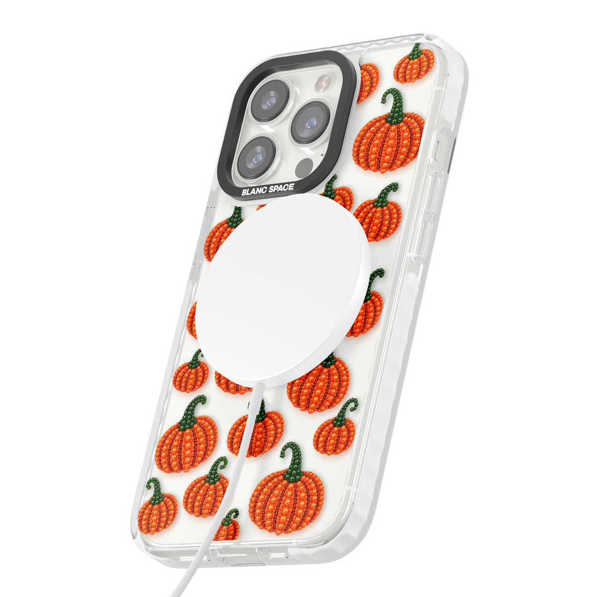Beaded Pumpkins halloween iPhone case featuring beaded orange pumpkins with green stems on a clear background | Impact Magsafe case for iPhone 13 Pro, iPhone 14 Pro, iPhone 15 Pro