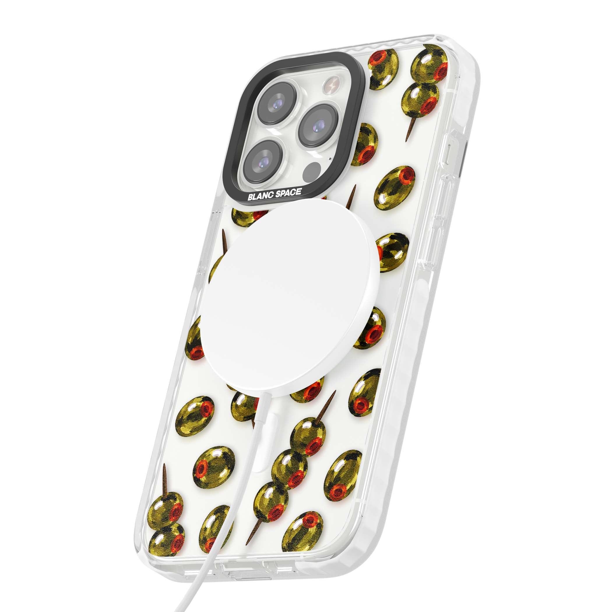 Painted Olives cocktail iPhone case featuring green olives, pimento centres and toothpick skewers on a clear background | Impact Magsafe case for iPhone 13 Pro, iPhone 14 Pro, iPhone 15 Pro