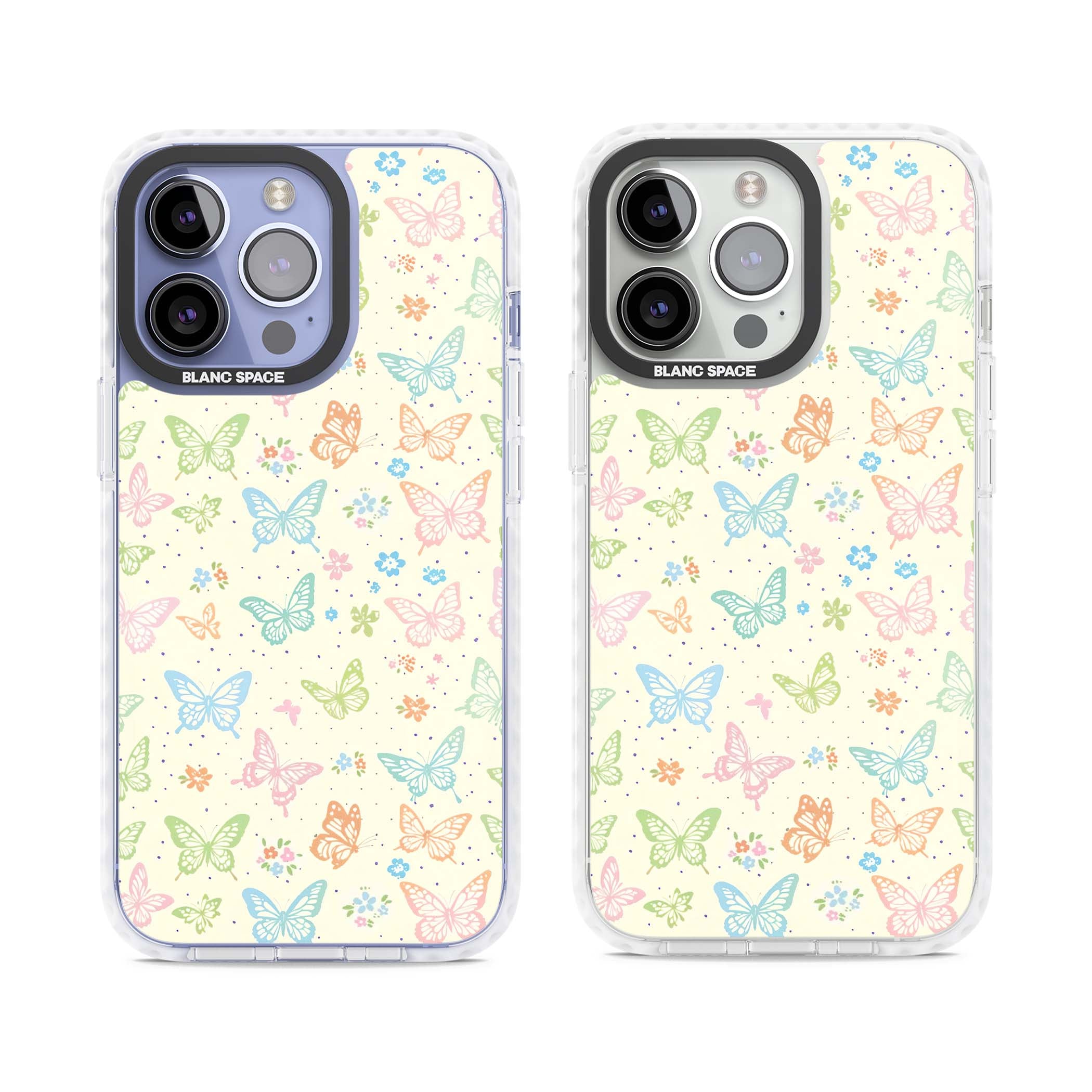 Sugar Wings cottagecore iPhone case featuring rainbow pastel butterflies, tiny wildflowers, and a cream background | Impact Magsafe case for iPhone 13 Pro, iPhone 14 Pro, iPhone 15 Pro