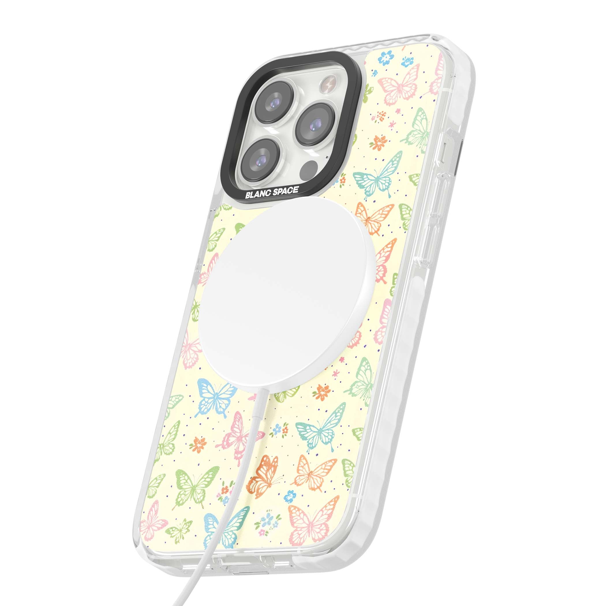 Sugar Wings cottagecore iPhone case featuring rainbow pastel butterflies, tiny wildflowers, and a cream background | Impact Magsafe case for iPhone 13 Pro, iPhone 14 Pro, iPhone 15 Pro