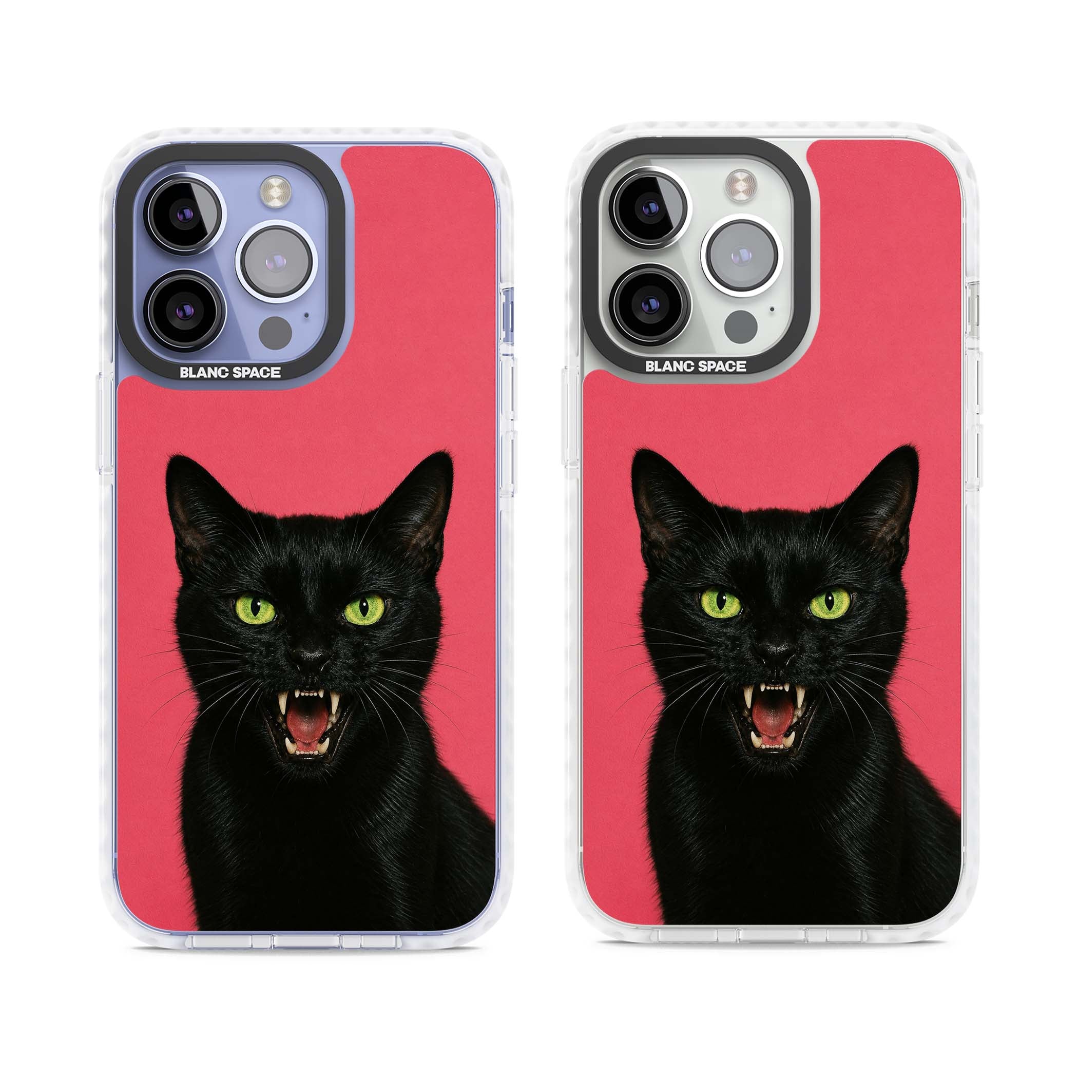 Hissin' Baddie black cat iPhone case featuring a hissing feline with green eyes on a hot pink background | Impact Magsafe case for iPhone 13 Pro, iPhone 14 Pro, iPhone 15 Pro