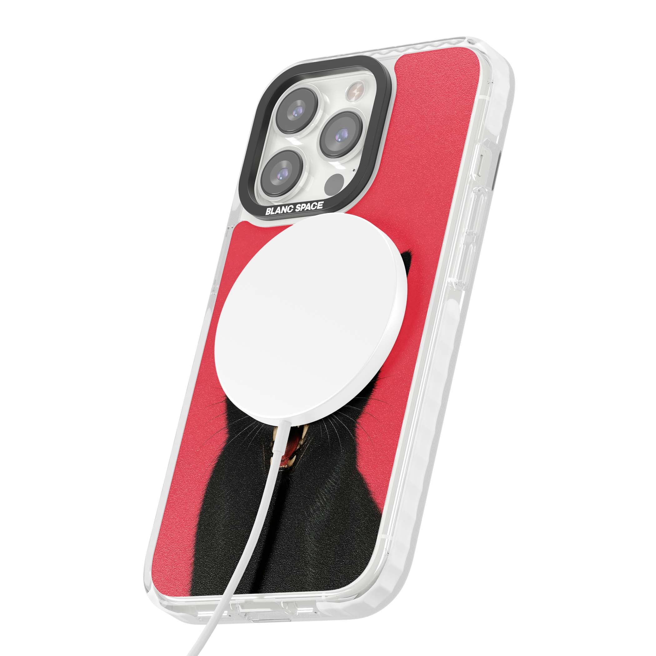 Hissin' Baddie black cat iPhone case featuring a hissing feline with green eyes on a hot pink background | Impact Magsafe case for iPhone 13 Pro, iPhone 14 Pro, iPhone 15 Pro