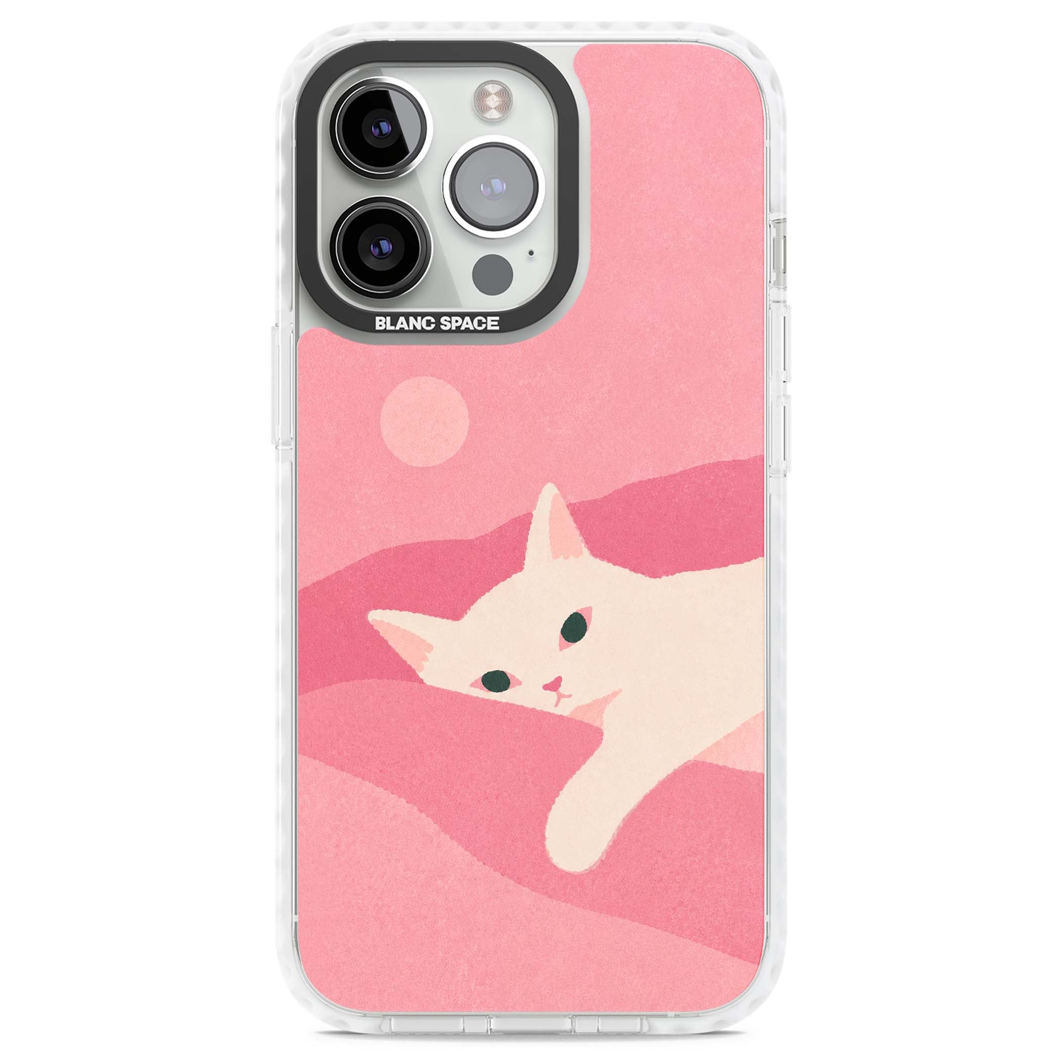 Pink Dreams cute cat iPhone case featuring a white kitten, soft pink hills and a pale pastel sun | Impact Magsafe case for iPhone 13 Pro, iPhone 14 Pro, iPhone 15 Pro