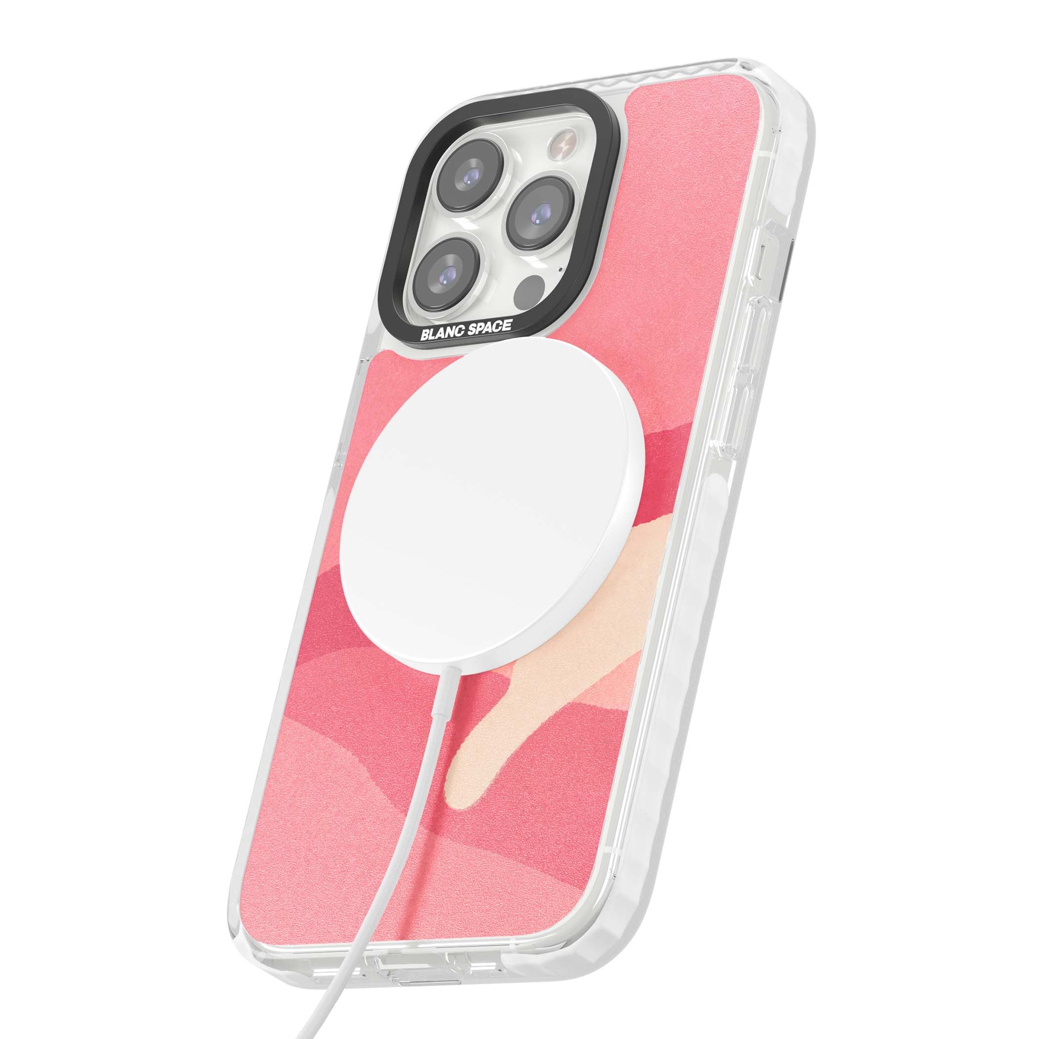 Pink Dreams cute cat iPhone case featuring a white kitten, soft pink hills and a pale pastel sun | Impact Magsafe case for iPhone 13 Pro, iPhone 14 Pro, iPhone 15 Pro