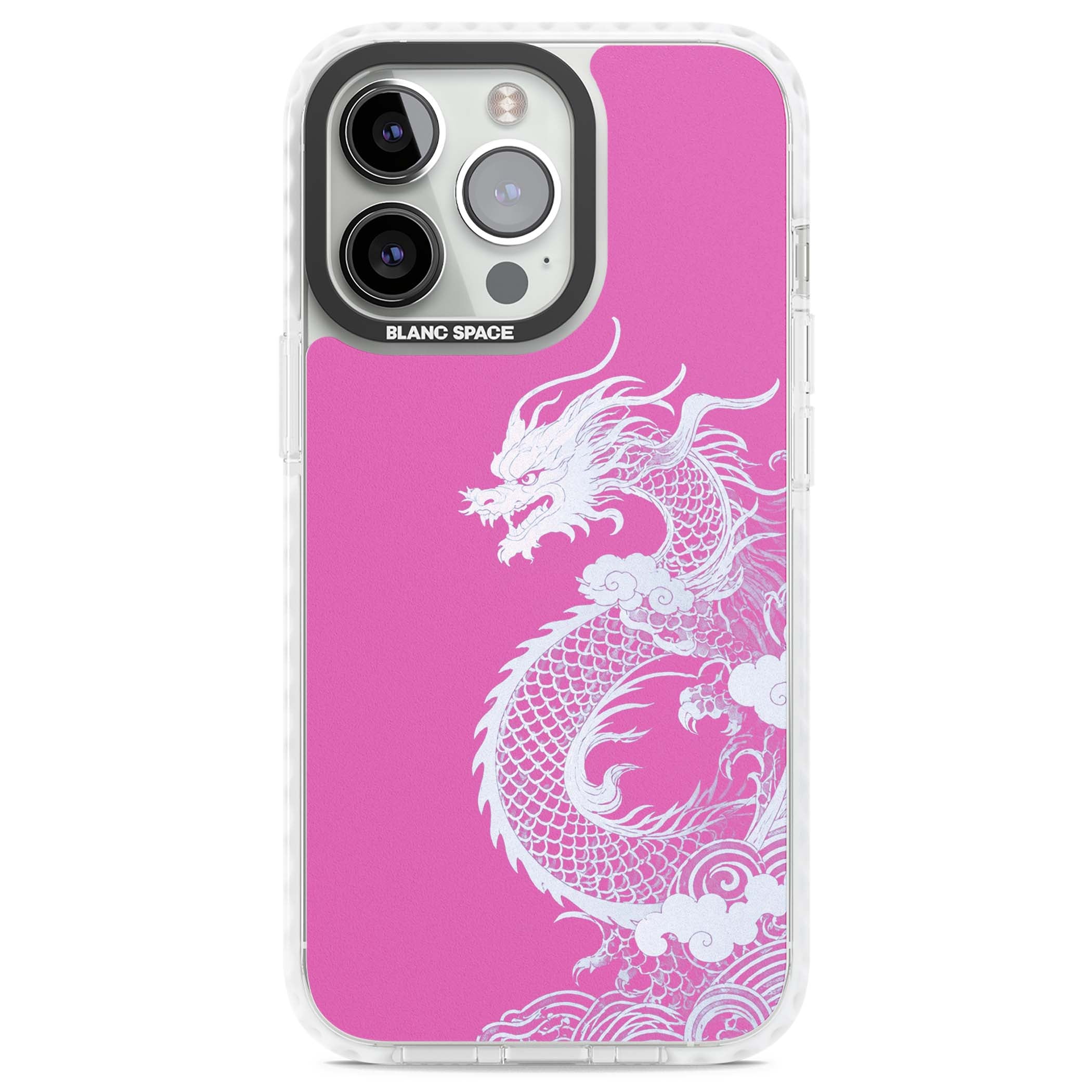 Pink Empress chinese dragon iPhone case featuring a white dragon, swirling clouds and pink dragon wallpaper backdrop | Impact Magsafe case for iPhone 13 Pro, iPhone 14 Pro, iPhone 15 Pro