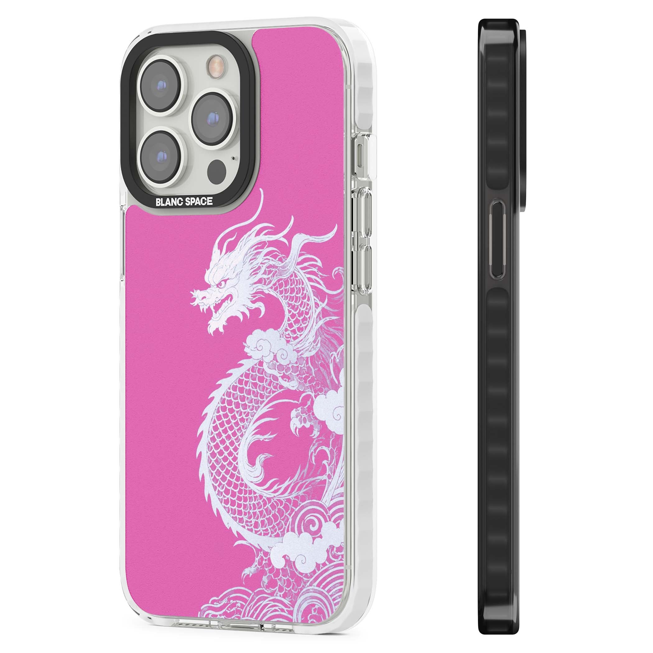 Pink Empress chinese dragon iPhone case featuring a white dragon, swirling clouds and pink dragon wallpaper backdrop | Impact Magsafe case for iPhone 13 Pro, iPhone 14 Pro, iPhone 15 Pro
