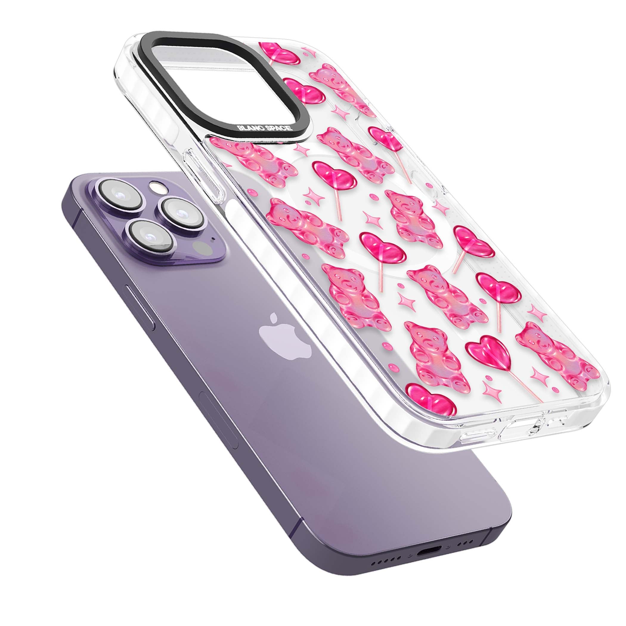 Pink Sugar pinkcore iPhone case featuring pink gummy bears, heart-shaped lollipops and sparkle stars | Impact Magsafe case for iPhone 13 Pro, iPhone 14 Pro, iPhone 15 Pro
