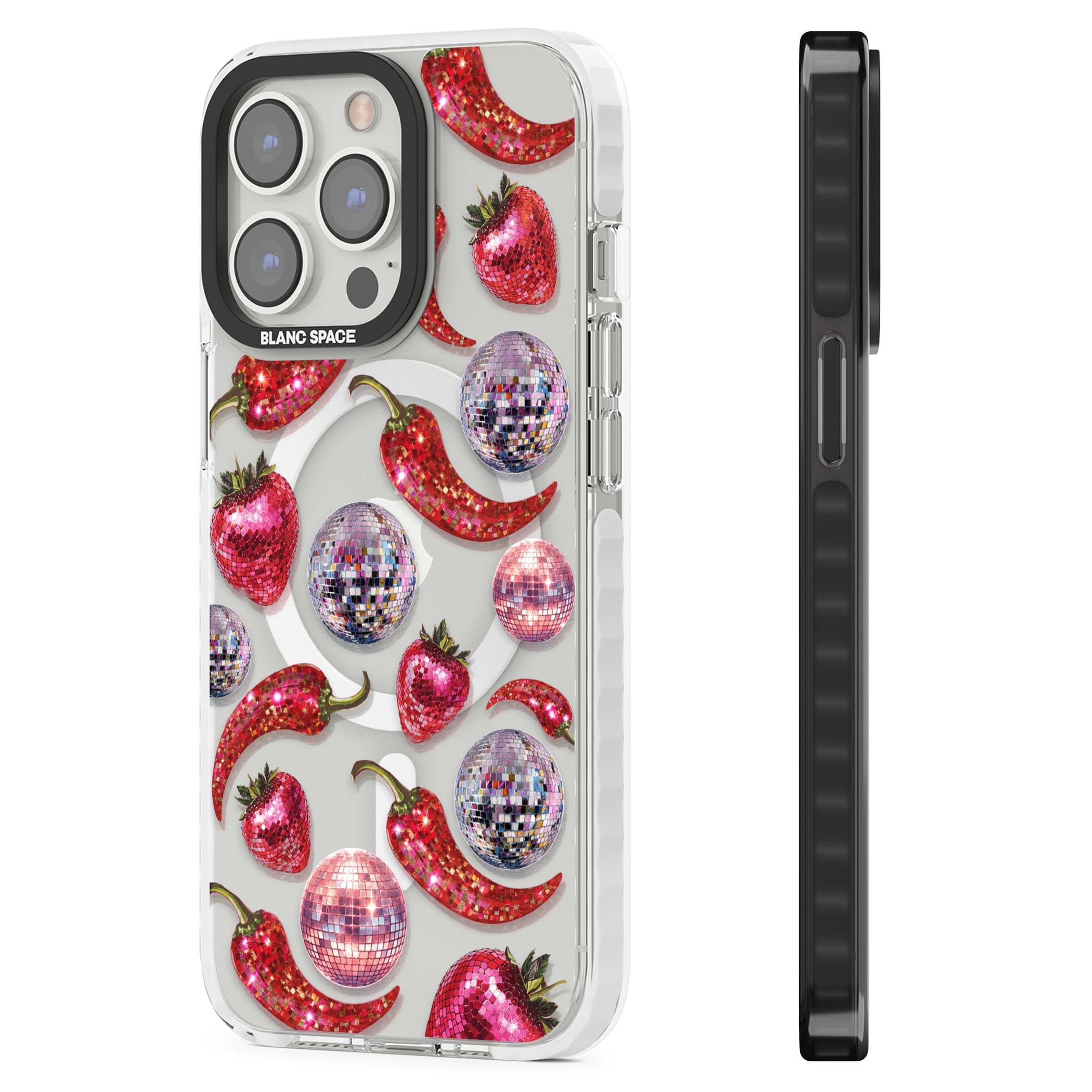 Spicy Disco Y2K iPhone case featuring glitter disco balls, sparkly strawberries and red chilli peppers | Impact Magsafe case for iPhone 13 Pro, iPhone 14 Pro, iPhone 15 Pro