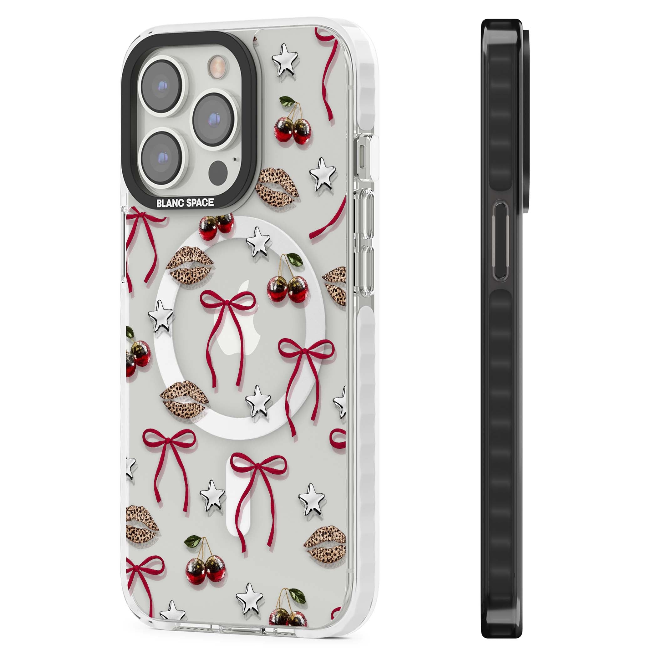 Starlet coquette iPhone case featuring red ribbon bows, disco cherries and leopard-print lips | Impact Magsafe case for iPhone 13 Pro, iPhone 14 Pro, iPhone 15 Pro