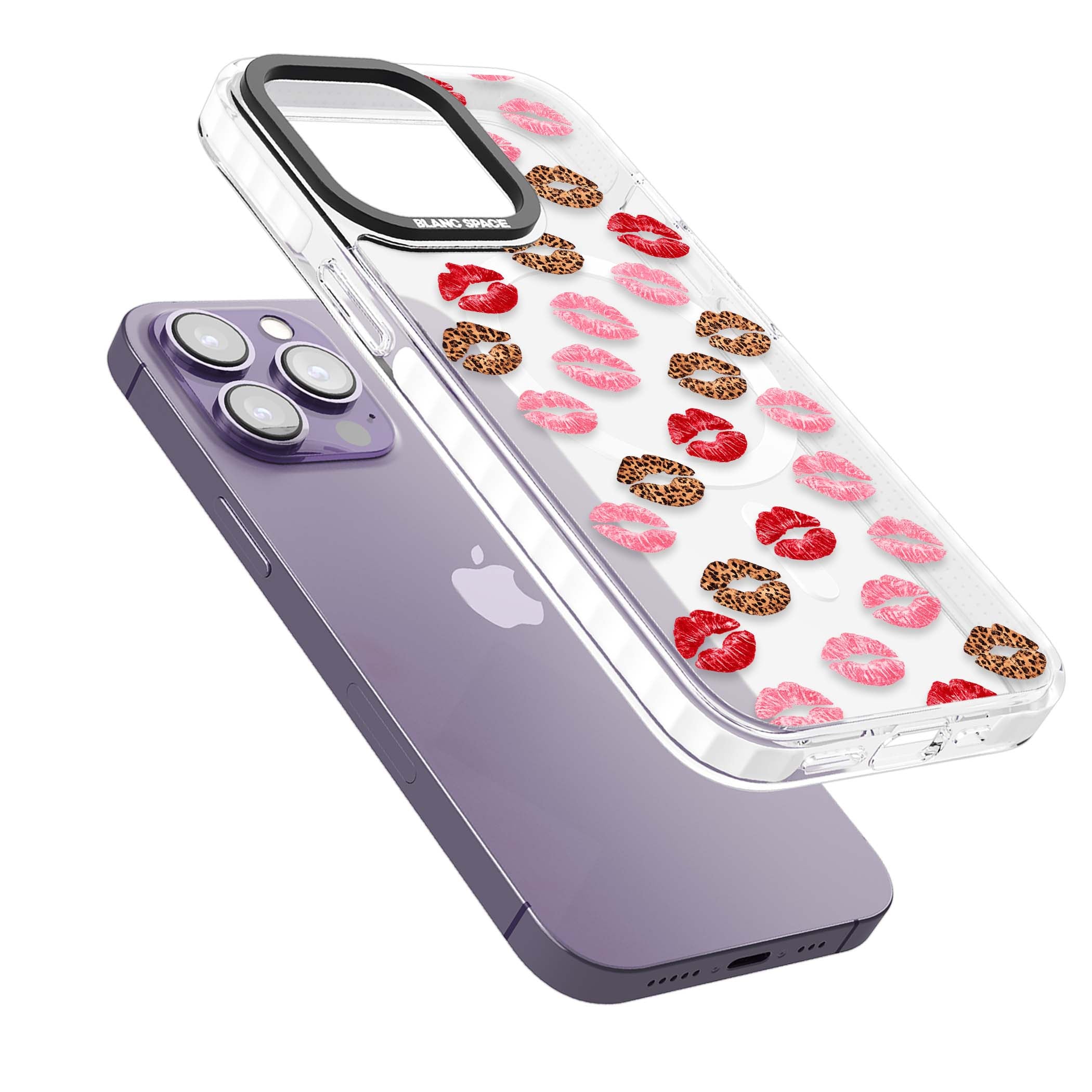 Wild Kisses coquette iPhone case featuring red, pink and leopard print lipstick kiss marks on a clear background | Impact Magsafe case for iPhone 13 Pro, iPhone 14 Pro, iPhone 15 Pro