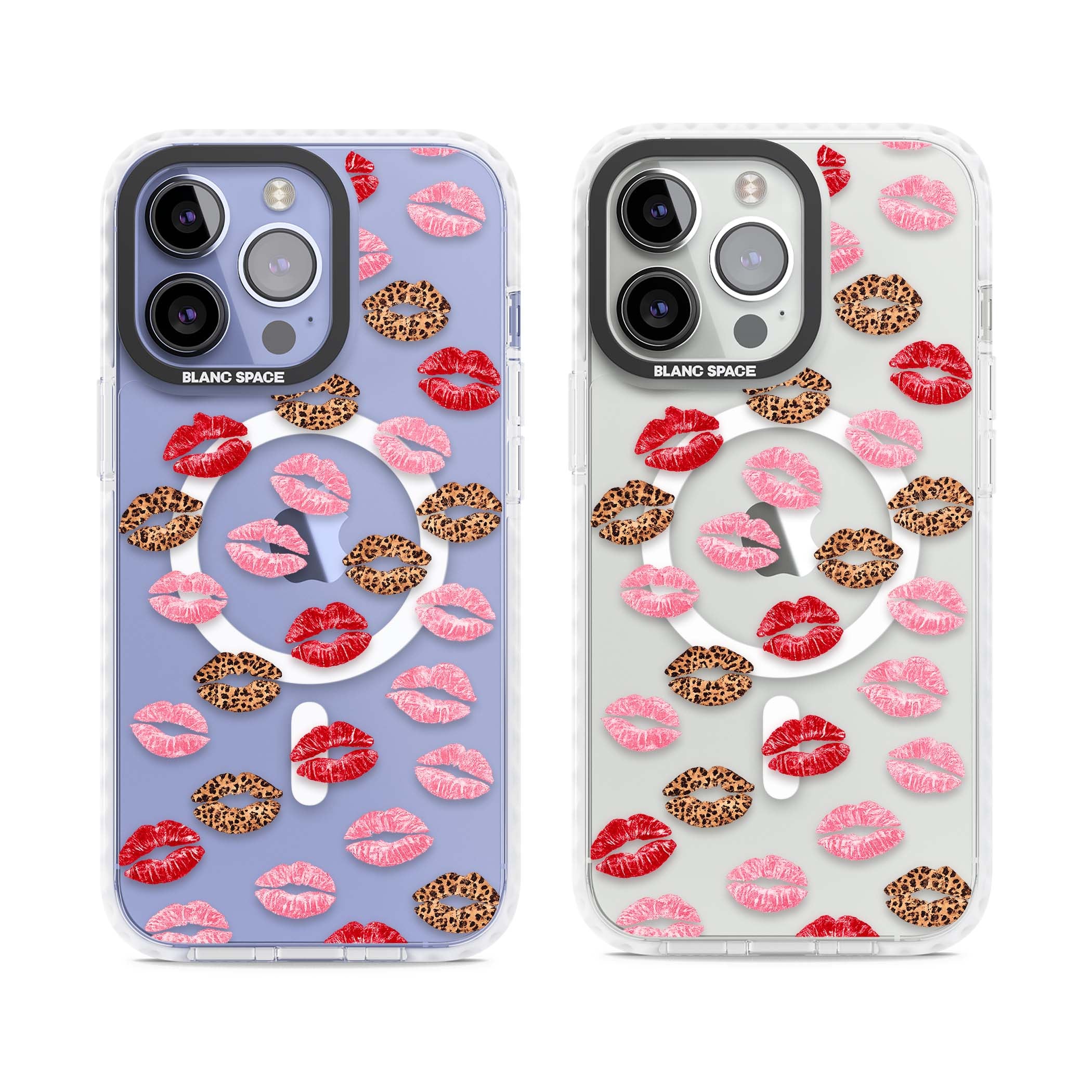 Wild Kisses coquette iPhone case featuring red, pink and leopard print lipstick kiss marks on a clear background | Impact Magsafe case for iPhone 13 Pro, iPhone 14 Pro, iPhone 15 Pro