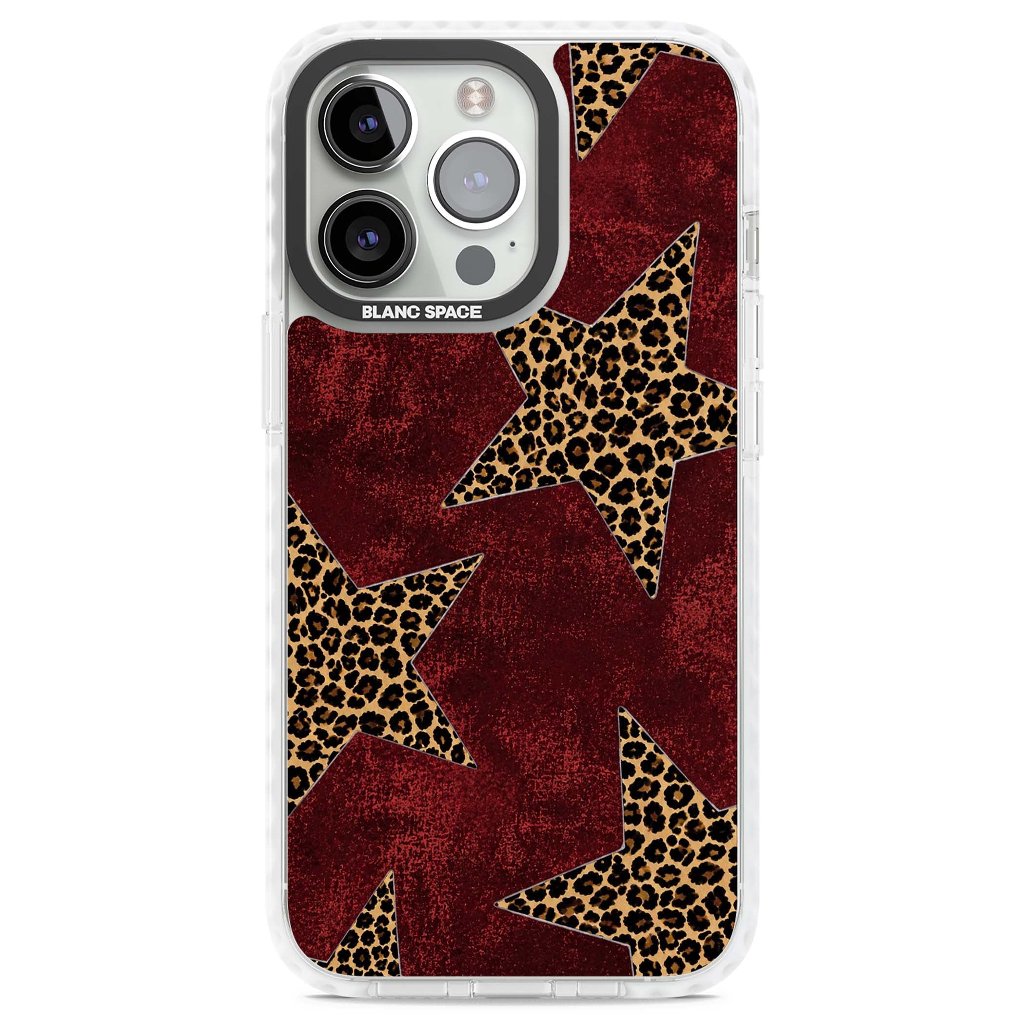 Showgirl leopard print iPhone case featuring cheetah print stars on distressed red grunge background | Impact Magsafe case for iPhone 13 Pro, iPhone 14 Pro, iPhone 15 Pro