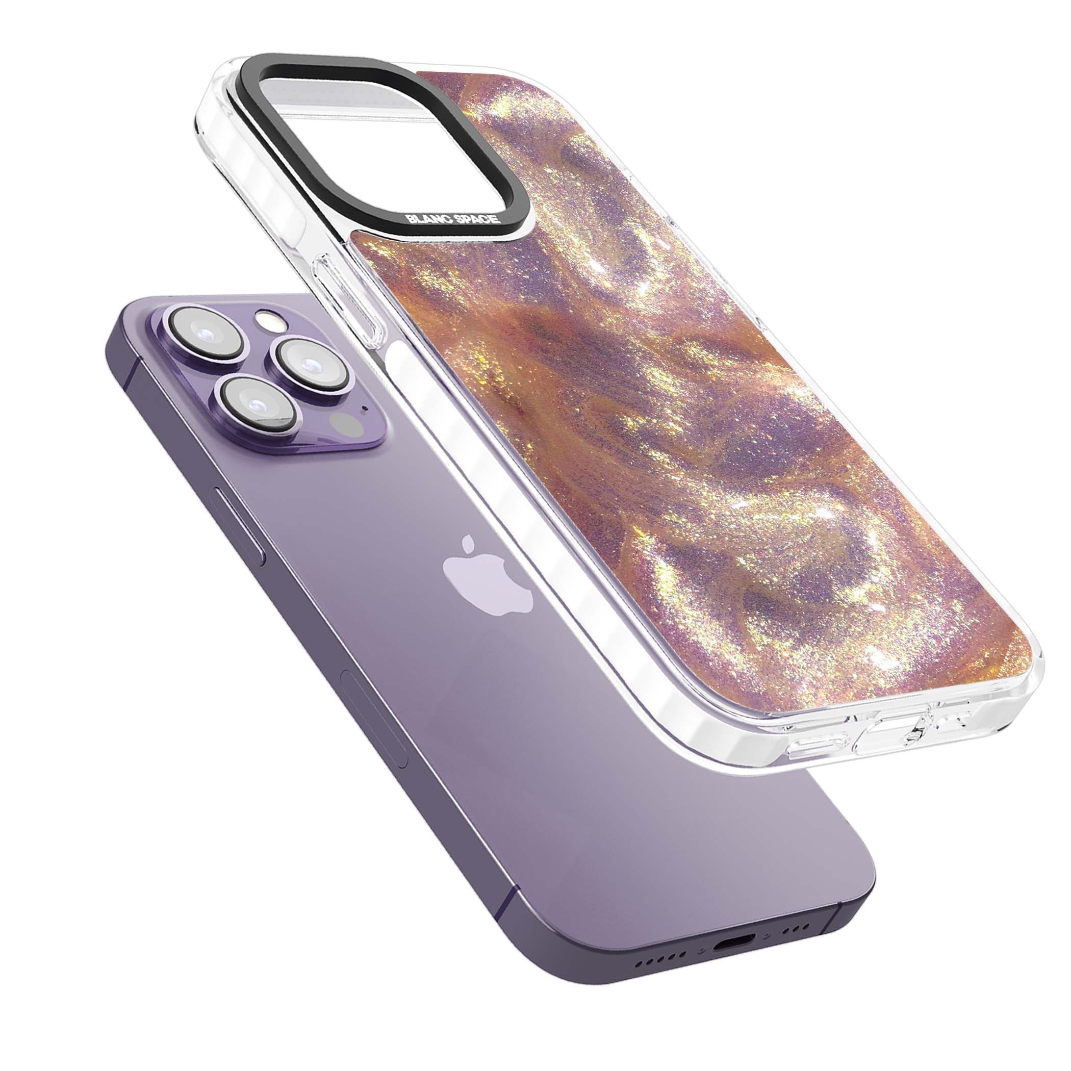Shimmer marble iPhone case featuring rose gold glitter swirls, lilac shimmer and iridescent pearl finish | Impact Magsafe case for iPhone 13 Pro, iPhone 14 Pro, iPhone 15 Pro