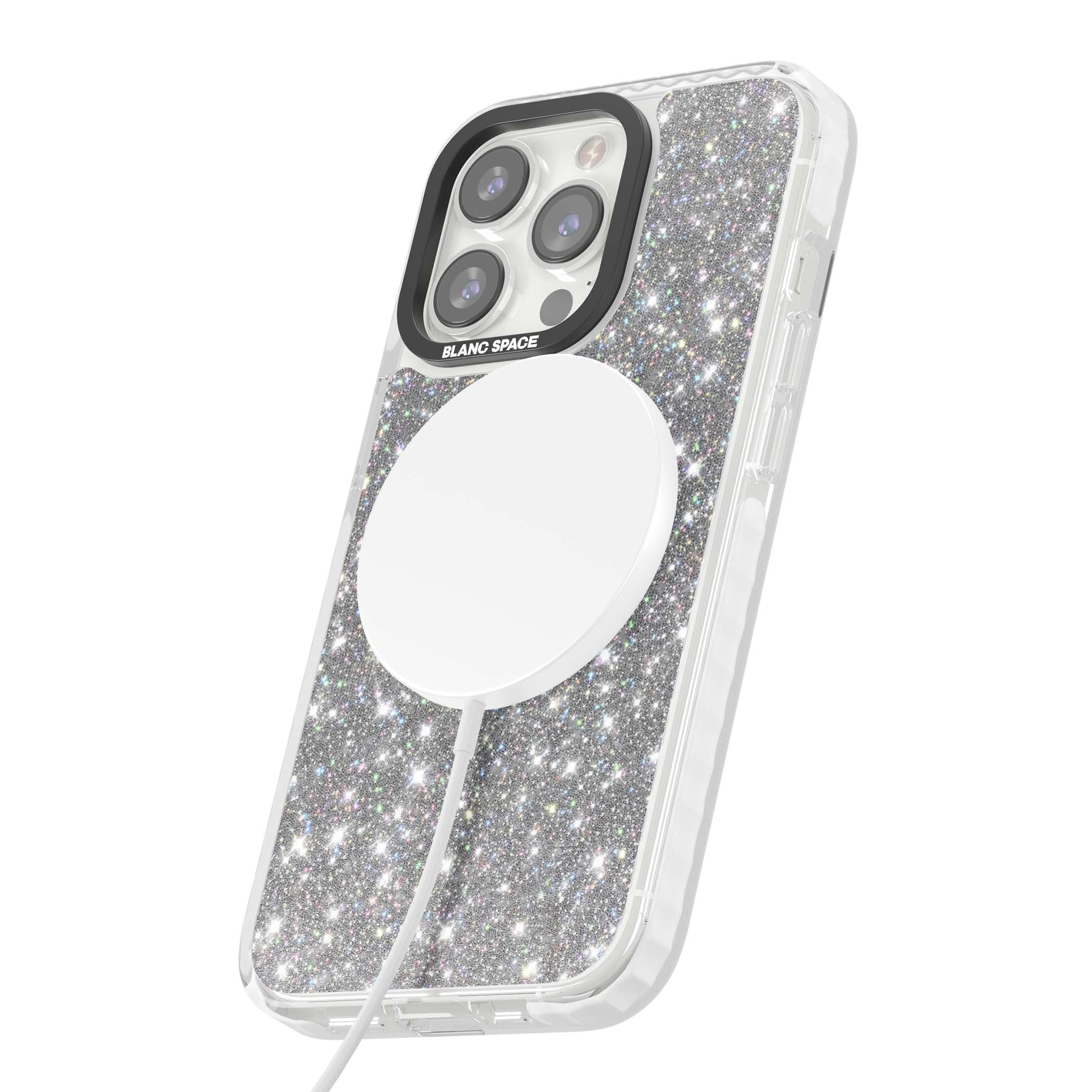 Diamond glam iPhone case featuring silver glitter sparkle and shimmering diamond dust effect | Impact Magsafe case for iPhone 13 Pro, iPhone 14 Pro, iPhone 15 Pro