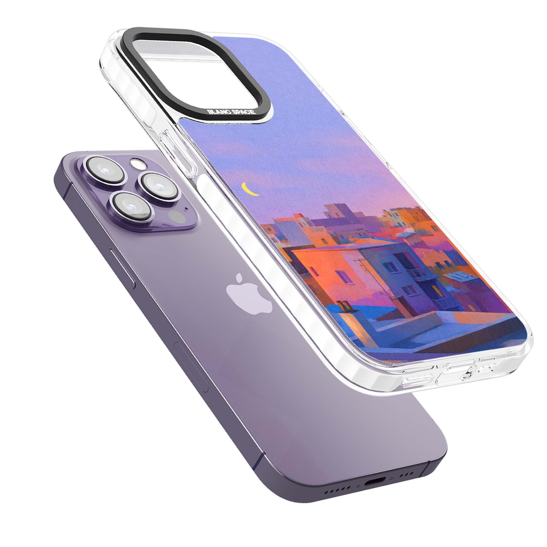 Twilight Rooftops vaporwave iPhone case featuring a pastel sunset cityscape, painted rooftops and a crescent moon. | Impact Magsafe case for iPhone 13 Pro, iPhone 14 Pro, iPhone 15 Pro