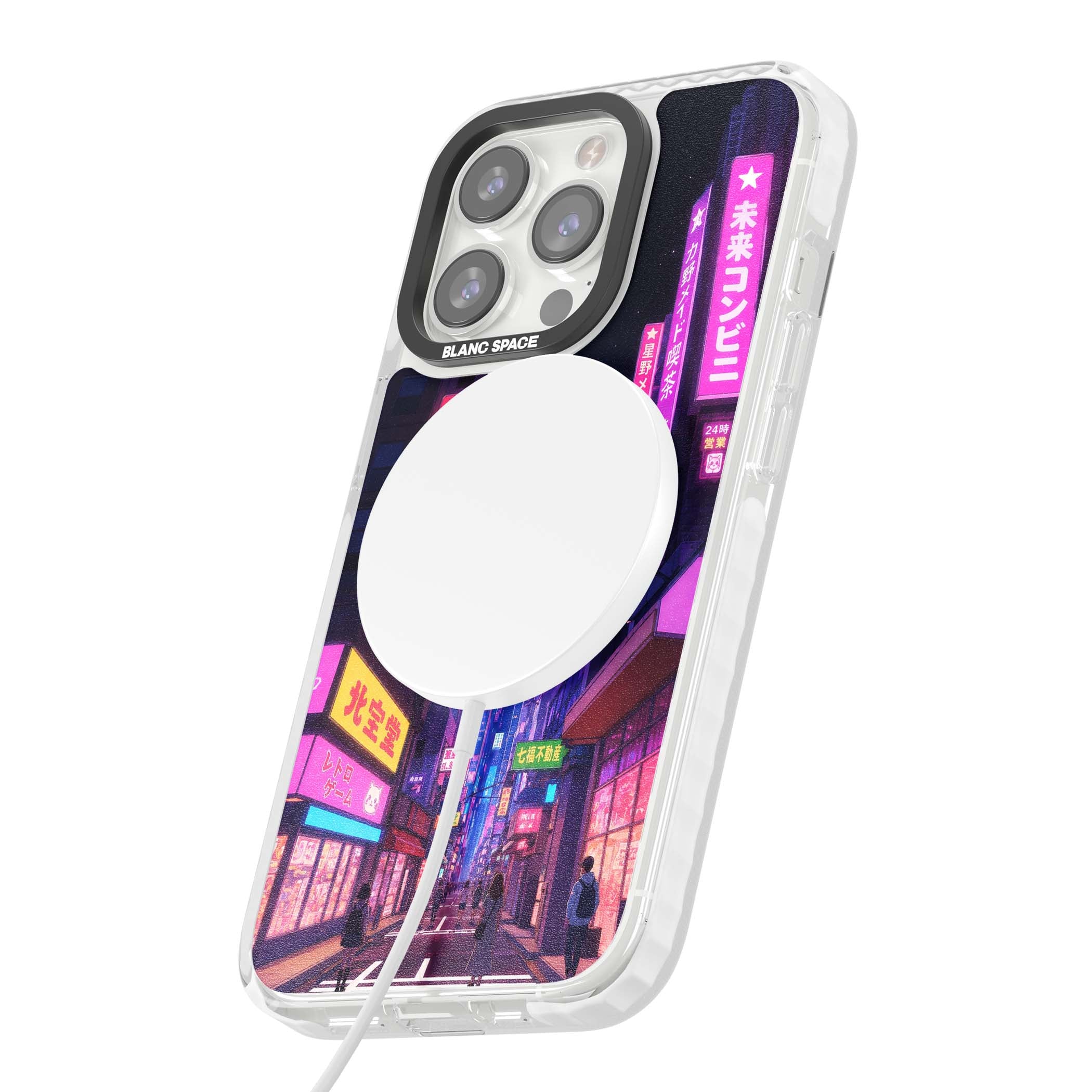 Shibuya At Night Japanese neon city iPhone case featuring glowing kanji signs, pink storefronts and a Tokyo street at n | Impact Magsafe case for iPhone 13 Pro, iPhone 14 Pro, iPhone 15 Pro